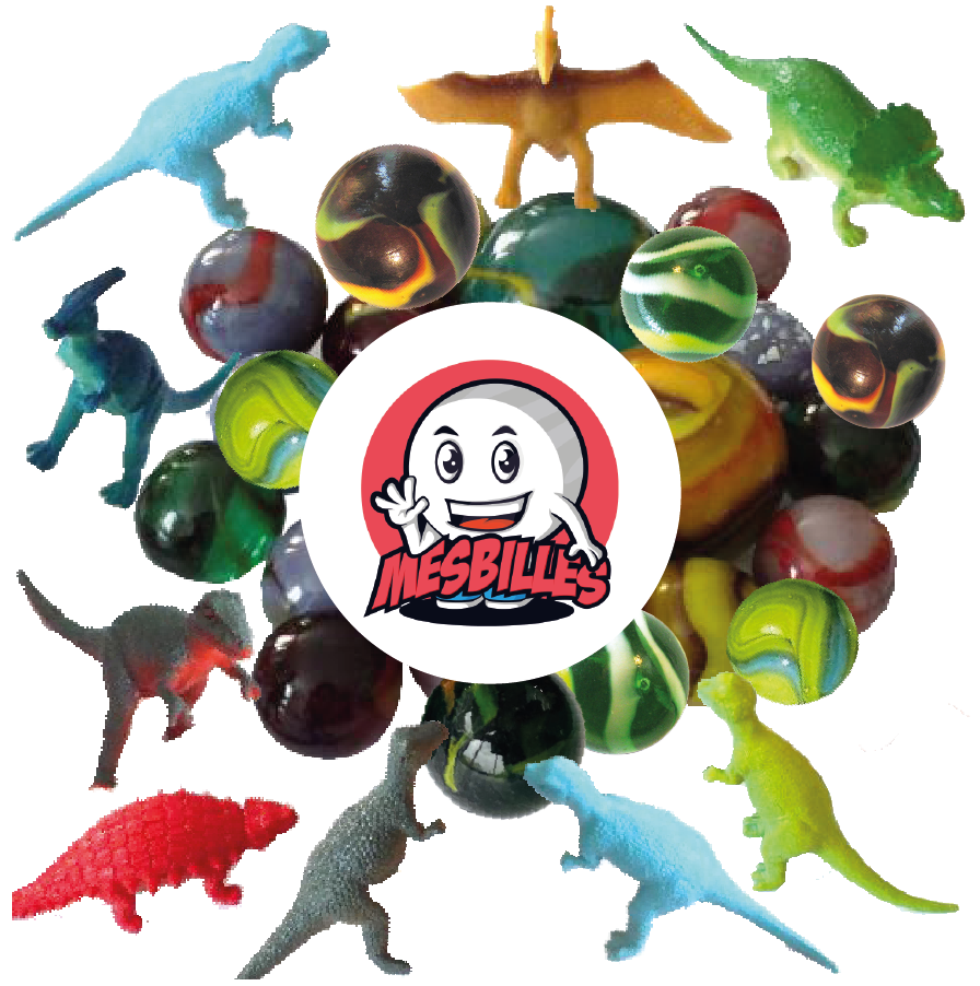55 Murmeln und Dinosaurierfiguren