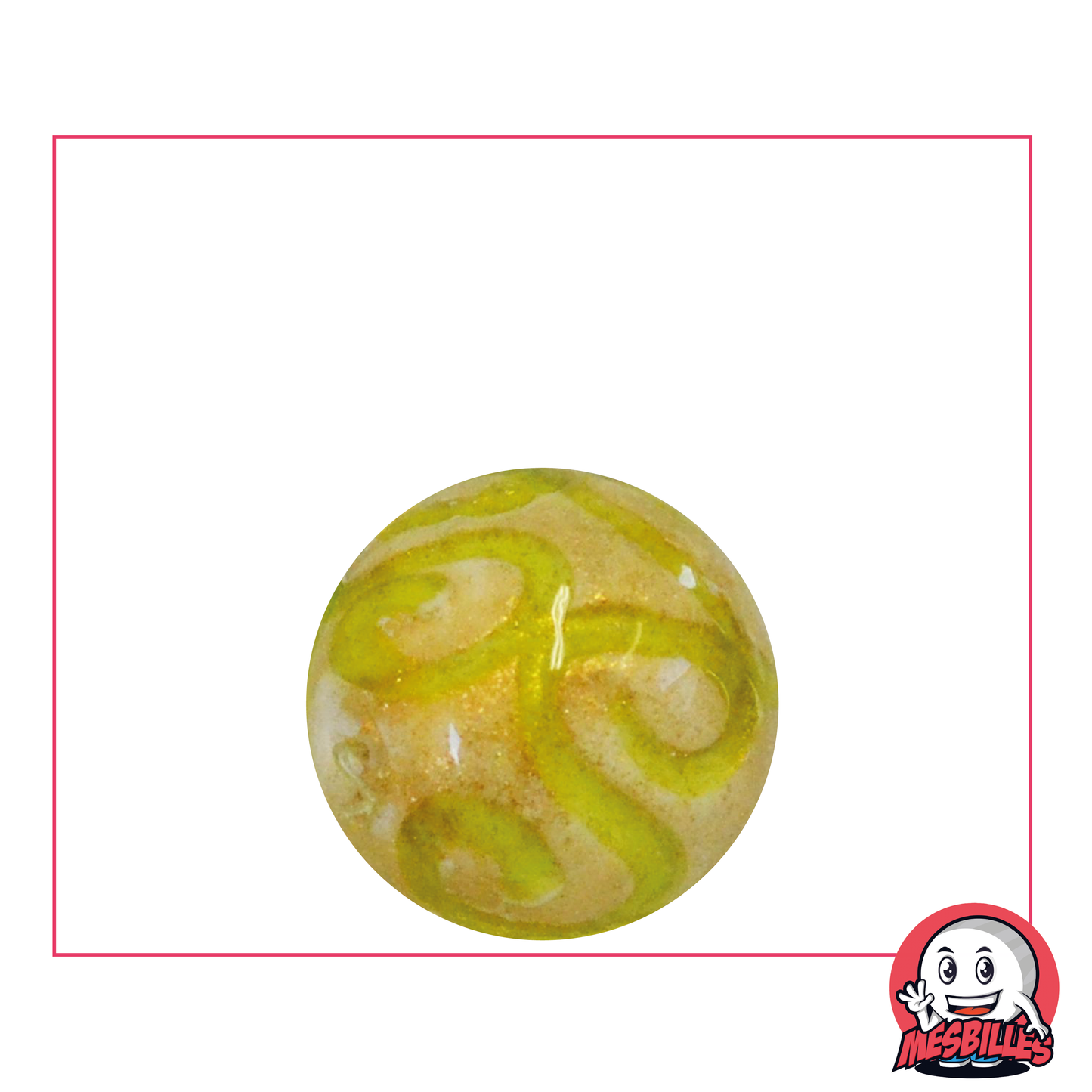 Gelbe Kunstmurmel 22 mm, einzigartige Designmurmel in Weiß mit goldenen Arabesken und Glitzer.