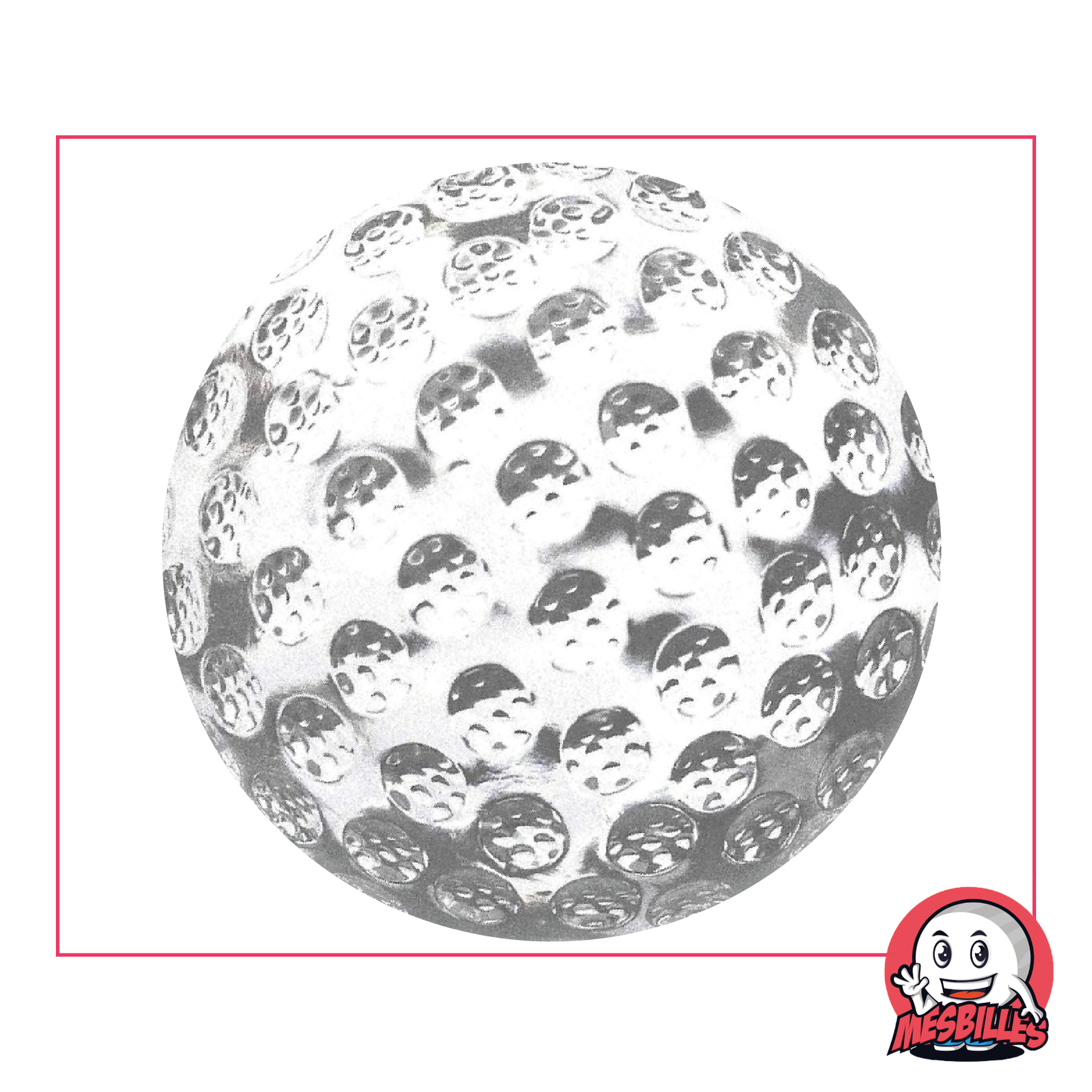Foto einer 60 mm großen Murmel aus transparentem Glas mit Relief in Golfballoptik, einzeln erhältlich bei MesBilles.