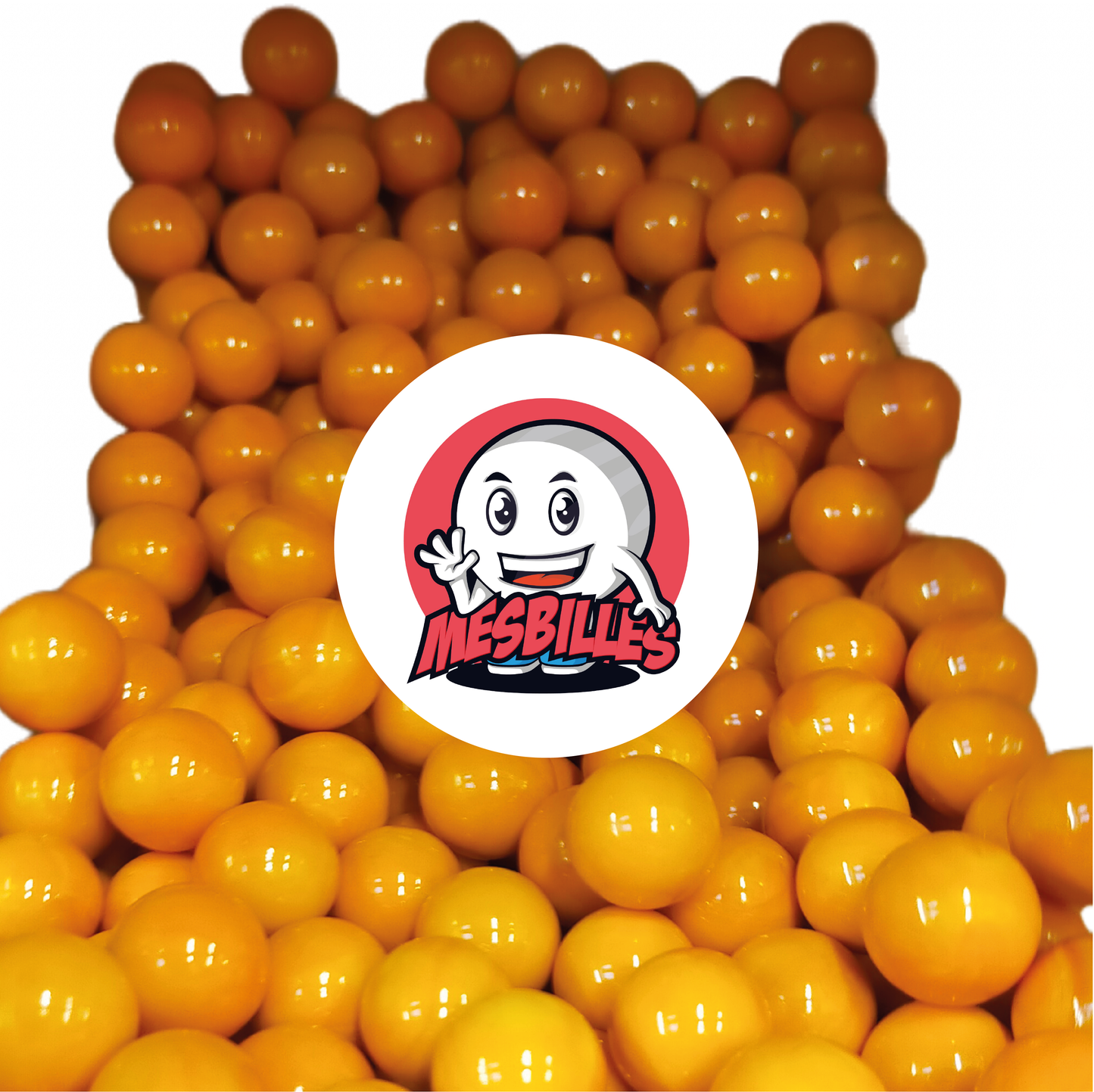 Bild des Maskottchens Meine Murmeln umgeben von Perlmuttene 25 mm - Opakes Glas in leuchtendem Orange