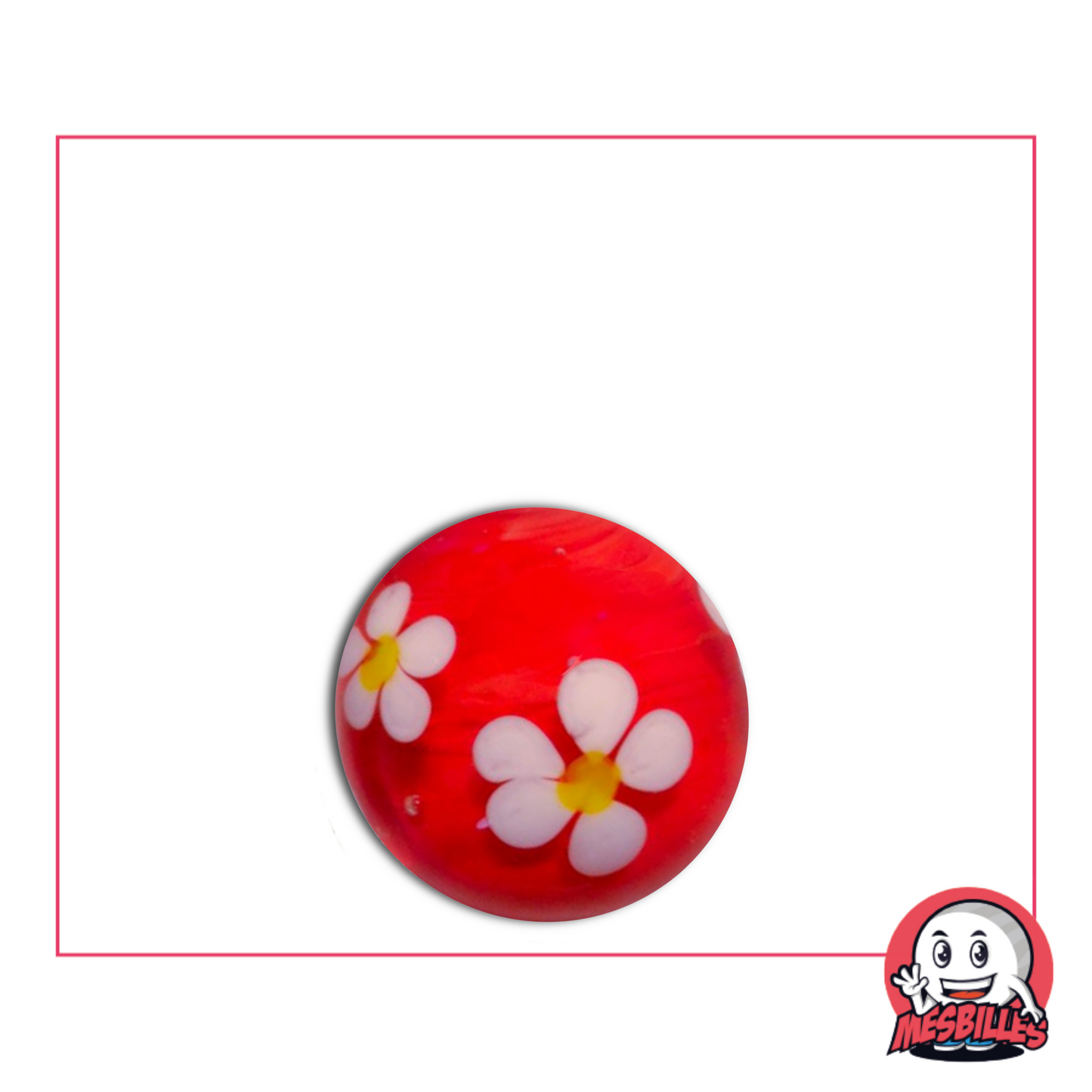 Rote Murmeln 16 mm mit einer weißen Blume mit fünf Blütenblättern im Glas, handgefertigtes Blumenmotiv