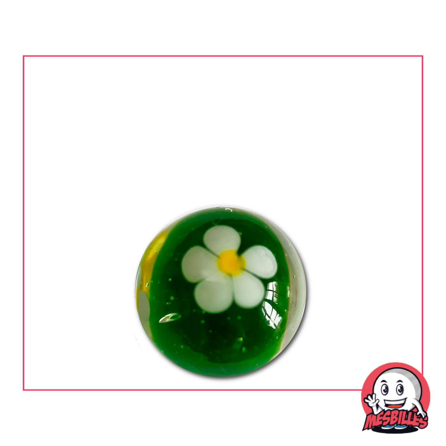 Grüne Murmel 16 mm mit weißer Blume mit fünf Blütenblättern in Glas eingeschlossen, handgefertigt