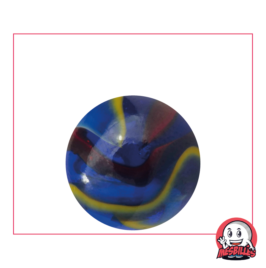 Murmeln Michelangelo 25 mm aus blauem Glas, mit roten, weißen und gelben Streifen - MeineMurmeln