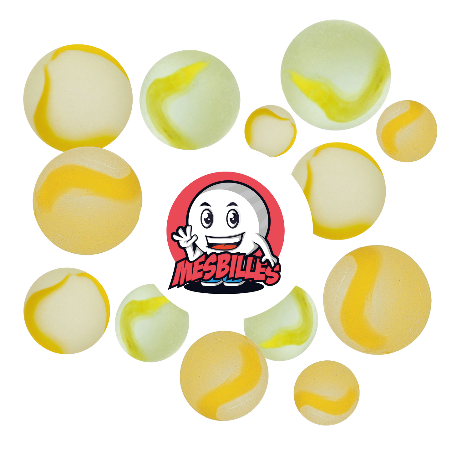 Bild des Maskottchens MeineMurmeln umgeben von Mattierten Murmeln - Mattiertes Glasmurmel mit gelben Streifen 16 mm MeineMurmeln