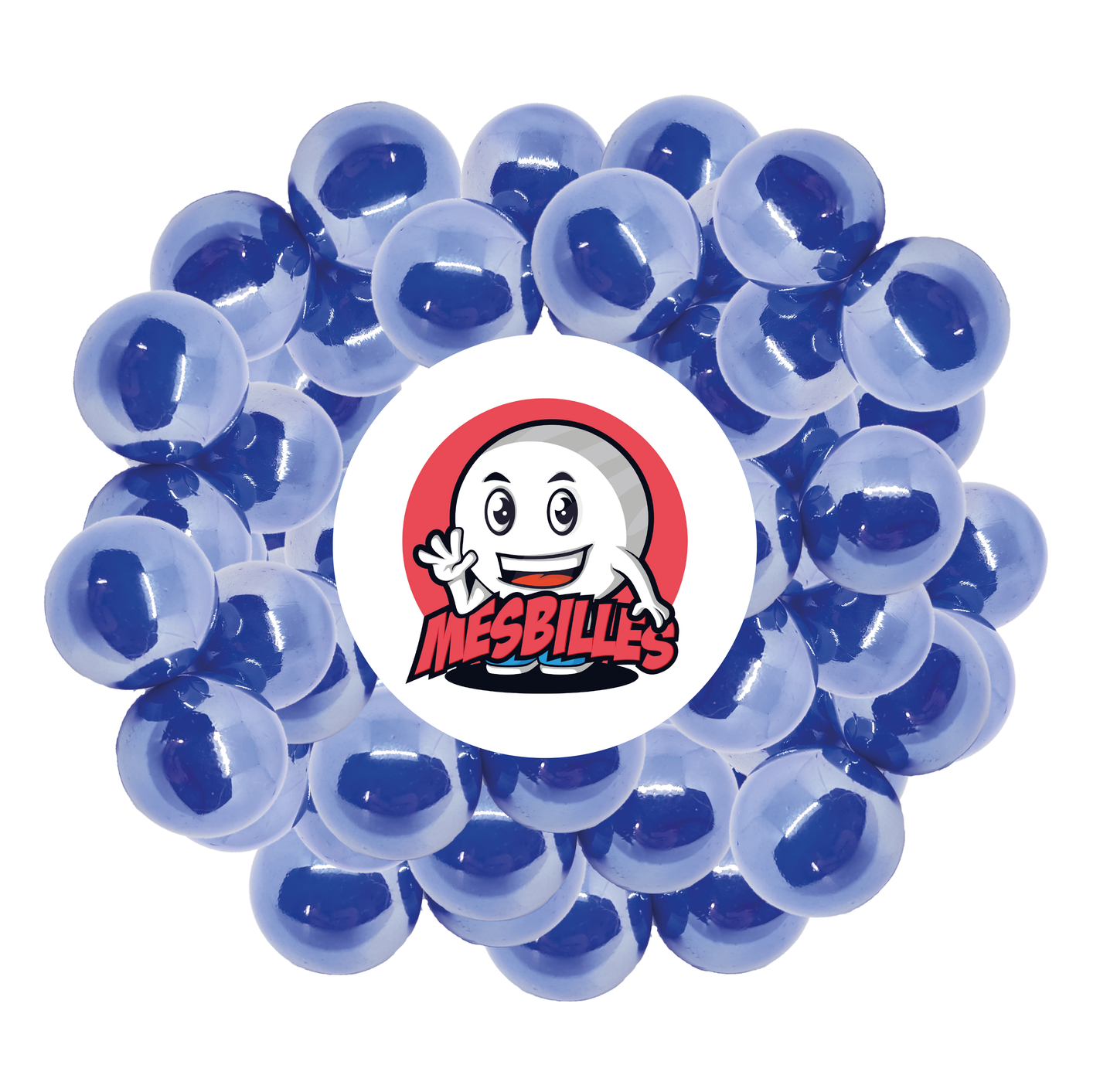 Bild des Maskottchens Meine Murmeln umgeben von Murmeln Glänzend 25 mm - Glas Opak und Glänzend Blaue Perlmutt - Meine Murmeln