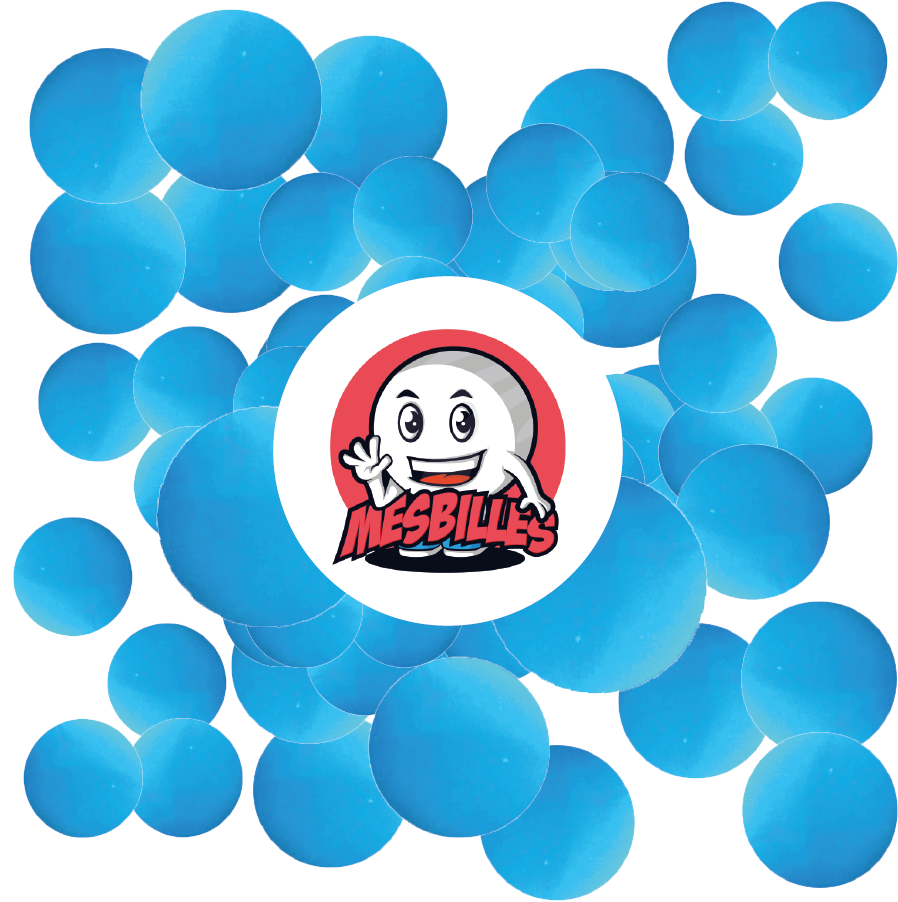 Bild des Maskottchens „MeineMurmeln” umgeben von Murmeln Perlmuttene 14 mm - Opakes Glas in hellblau, das an den Ozean erinnert