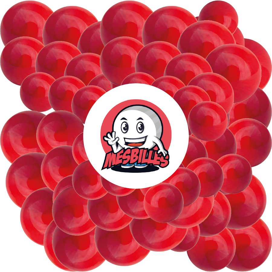 Bild des Maskottchens MeineMurmeln, umgeben von Murmeln Perlmuttene, rot, 14 mm Runde Glasmurmel