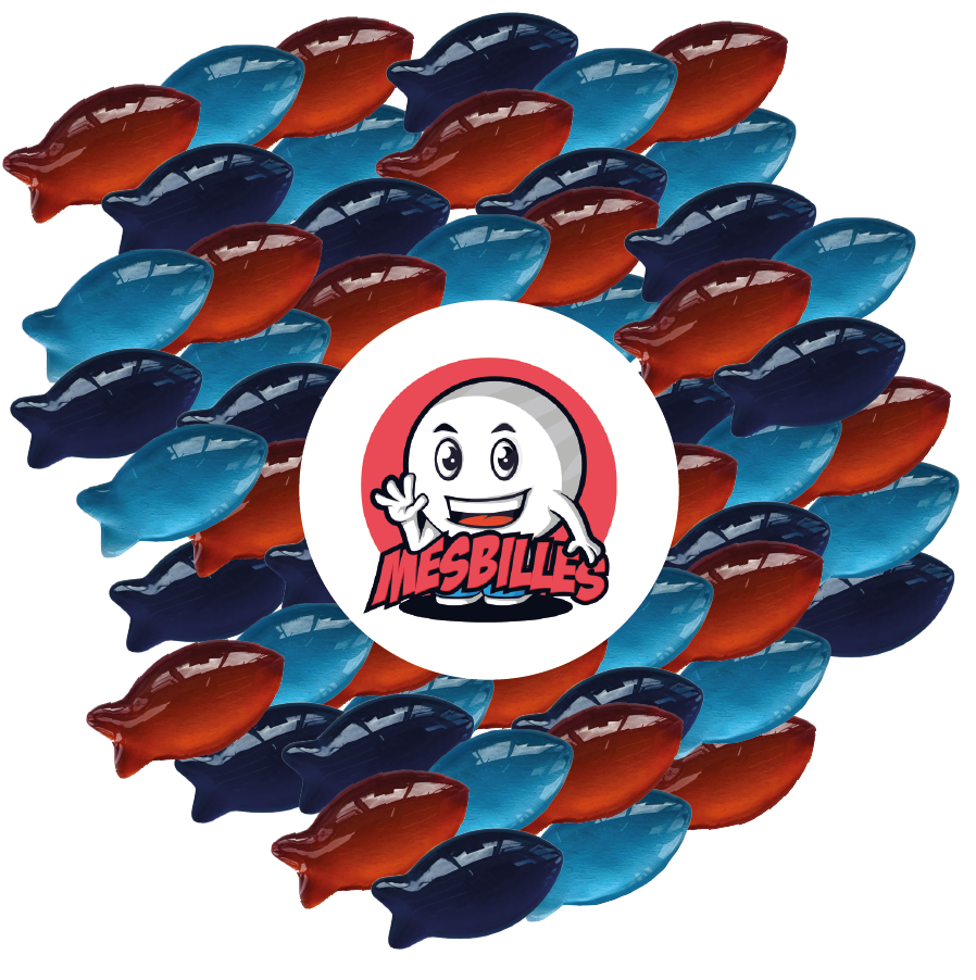 Bild des Maskottchens Meine Murmeln, umgeben von extraflachen Murmeln in Giftorange aus transluzentem Glas – Dekoration, Spielzeug und Sammlerstück – Meine Murmeln