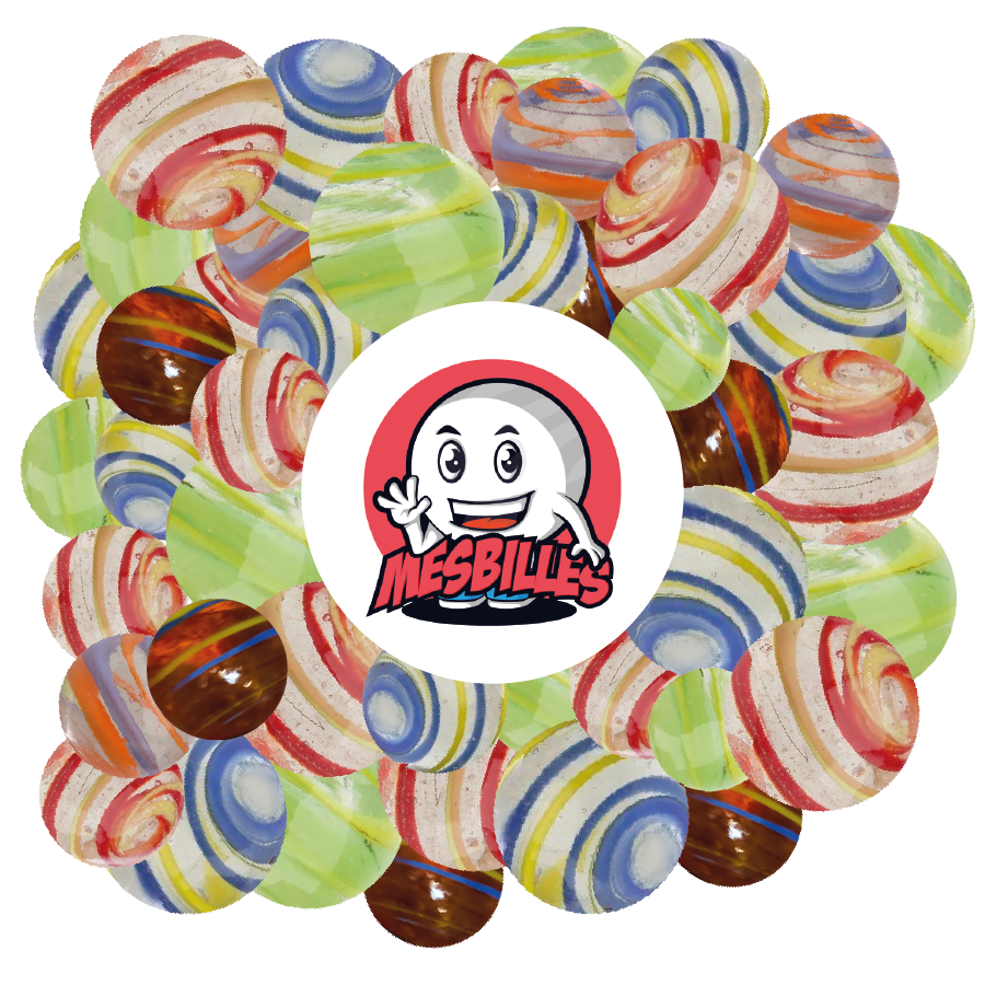 Murmeln Zyklon Gelb und Himmelblau KimPlay aus transluzentem Glas und Murmeln in verschiedenen Farben um das Maskottchen MeineMurmeln