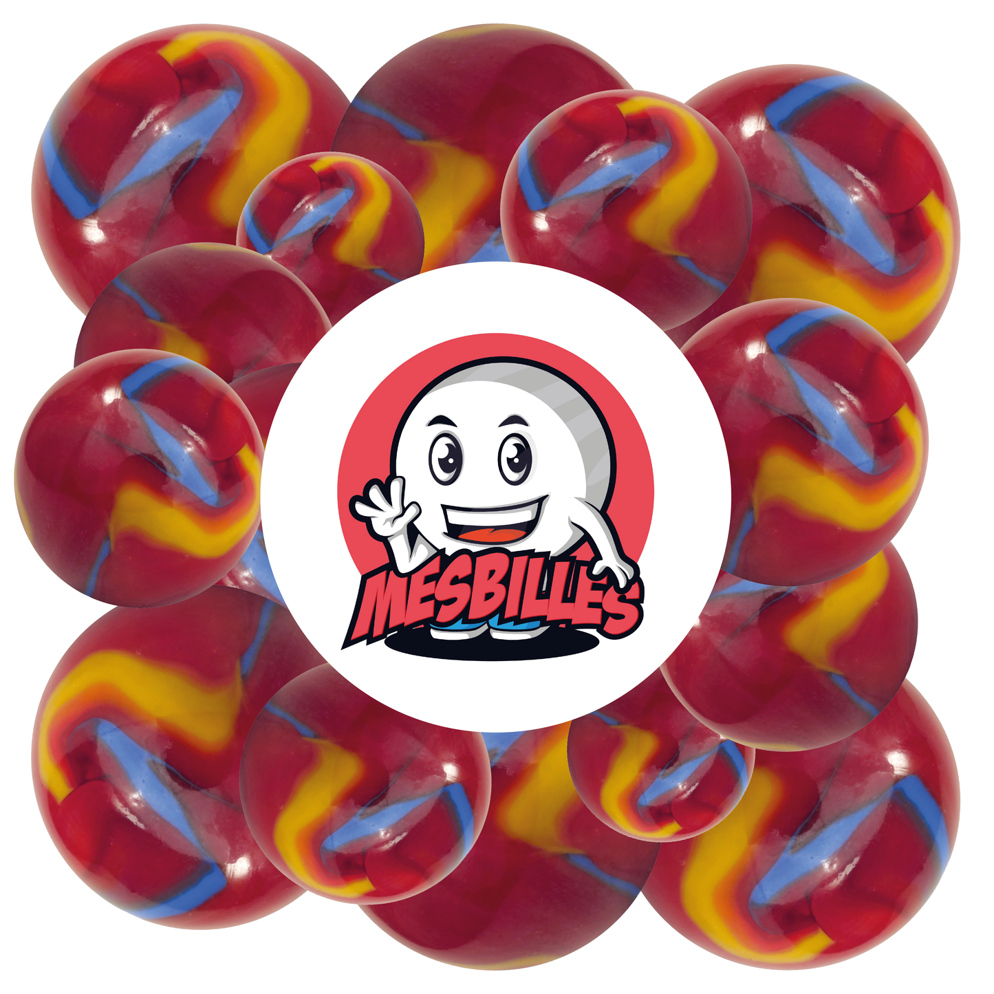 Bild des Maskottchens MeineMurmeln umgeben von Murmeln Fiesta 22 mm rot mit blauen und gelben Streifen