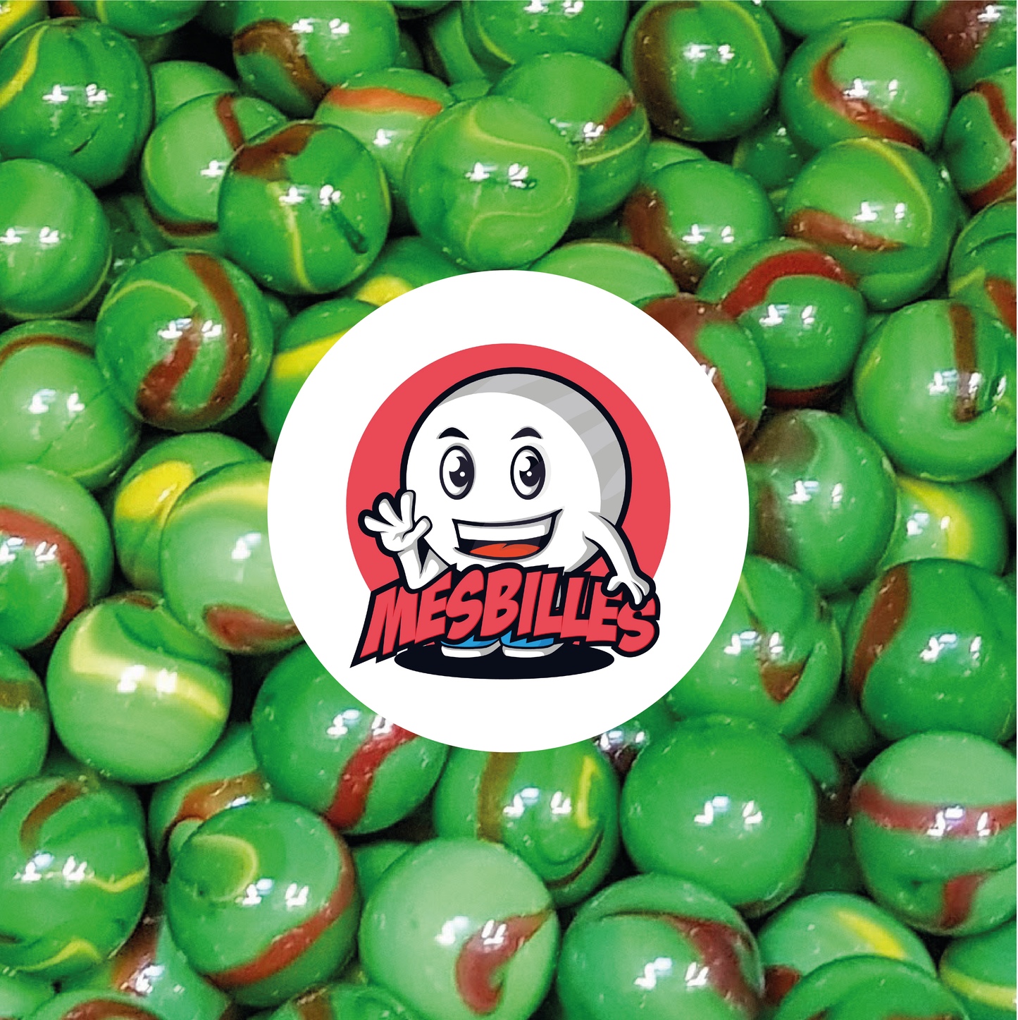 Bild des Maskottchens MeineMurmeln umgeben von Murmeln Jungle 25 mm Grün Gelb Braun