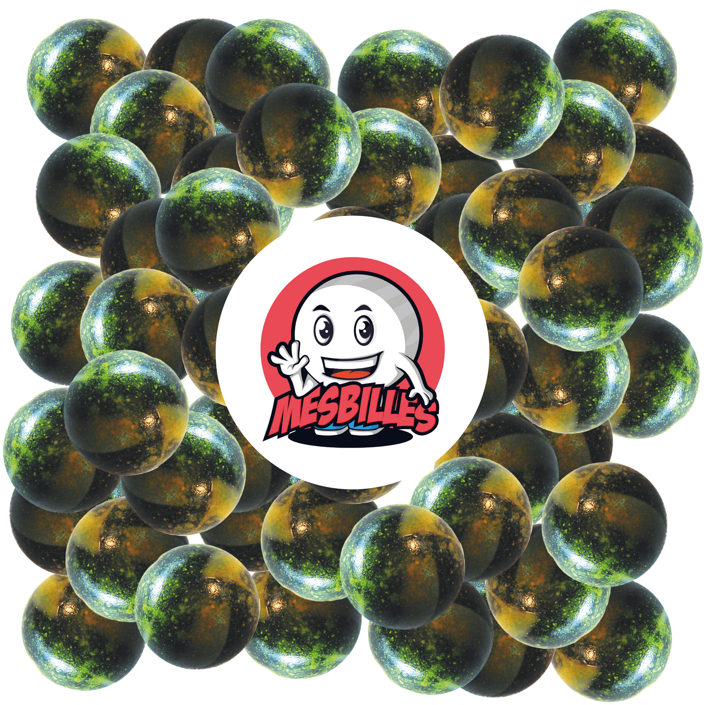 Bild des Maskottchens MeineMurmeln umgeben von Murmeln Pluton 14 mm - Glas undurchsichtig schwarz mit gelben Flecken
