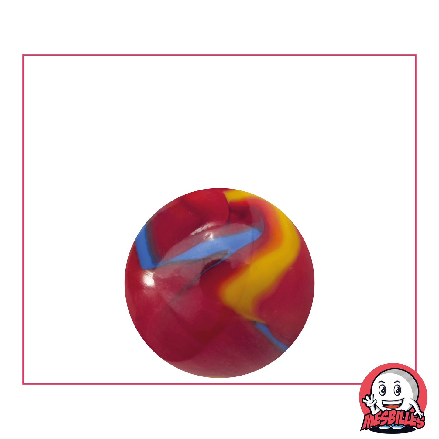 Murmeln Fiesta 22 mm rot mit blauen und gelben Streifen – MeineMurmeln