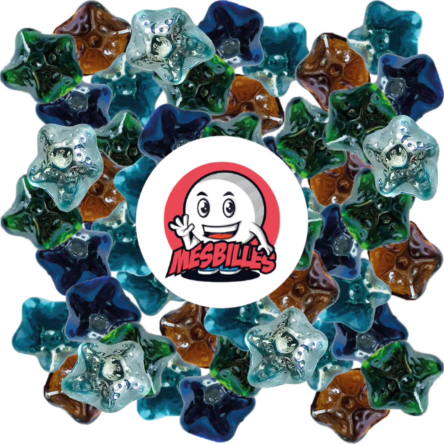 Set mit Murmeln in Form von Seesterne in verschiedenen Farben (blau, grün, bernsteinfarben), angeordnet um das Logo von MeineMurmeln