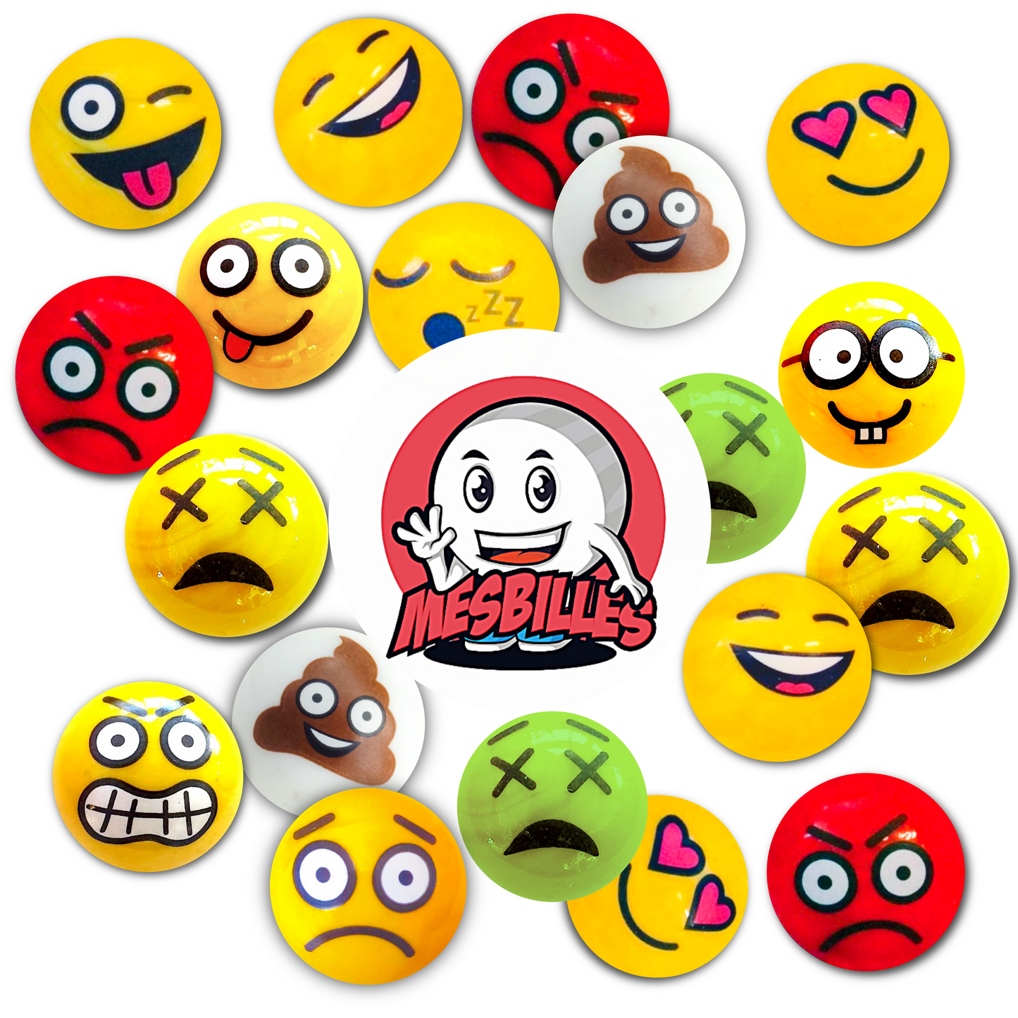 Kreativer Kreis aus Murmeln mit verschiedenen Ausdrucksformen, die die gesamte Gefühlswelt der Kollektion MeineMurmeln um das zentrale Logo herum widerspiegeln.