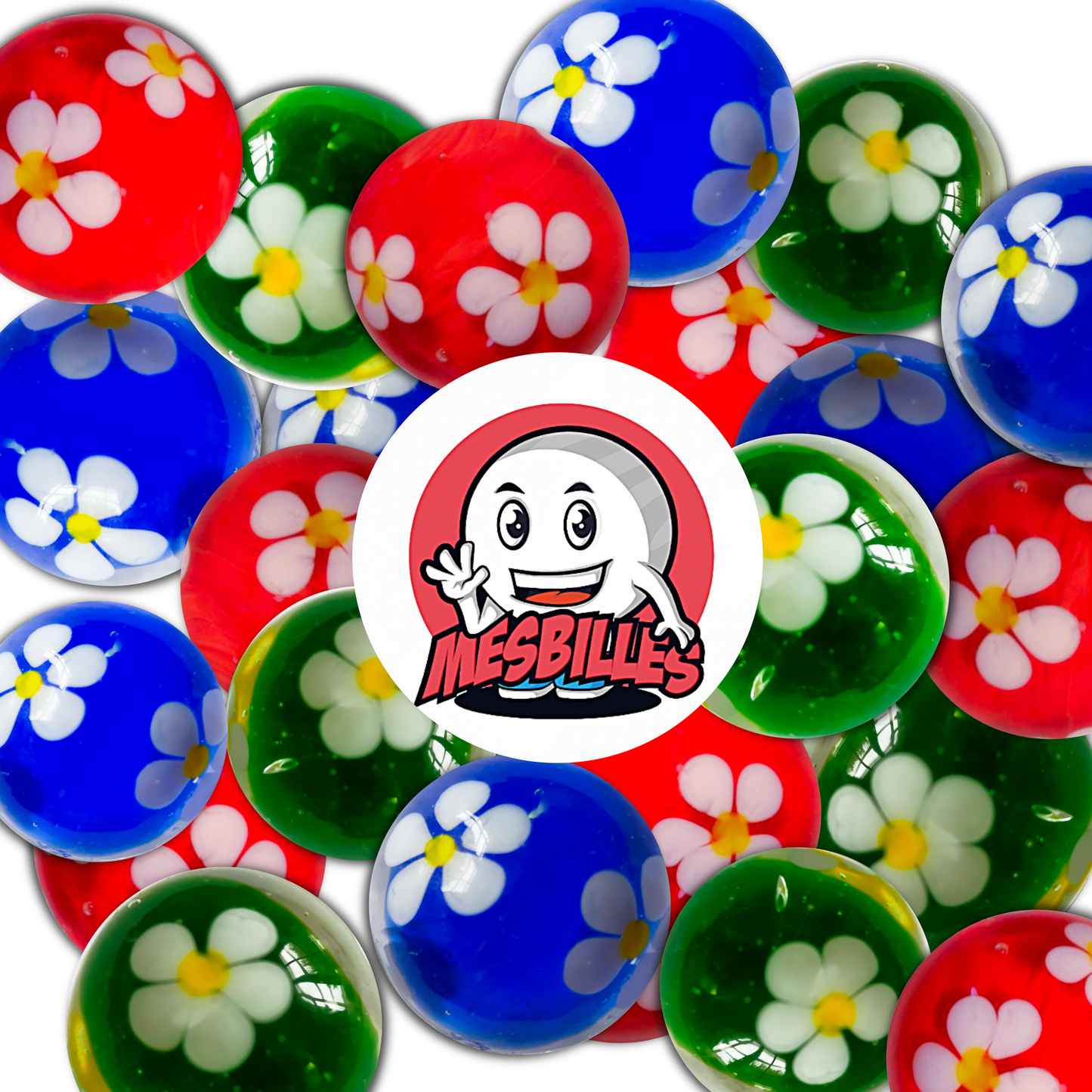 Rote, grüne und blaue Murmeln aus der Kollektion „Jardin Enchanté“ (Zaubergarten), verziert mit weißen fünfblättrigen Blumen, gruppiert um das Logo „MesMurmeln“