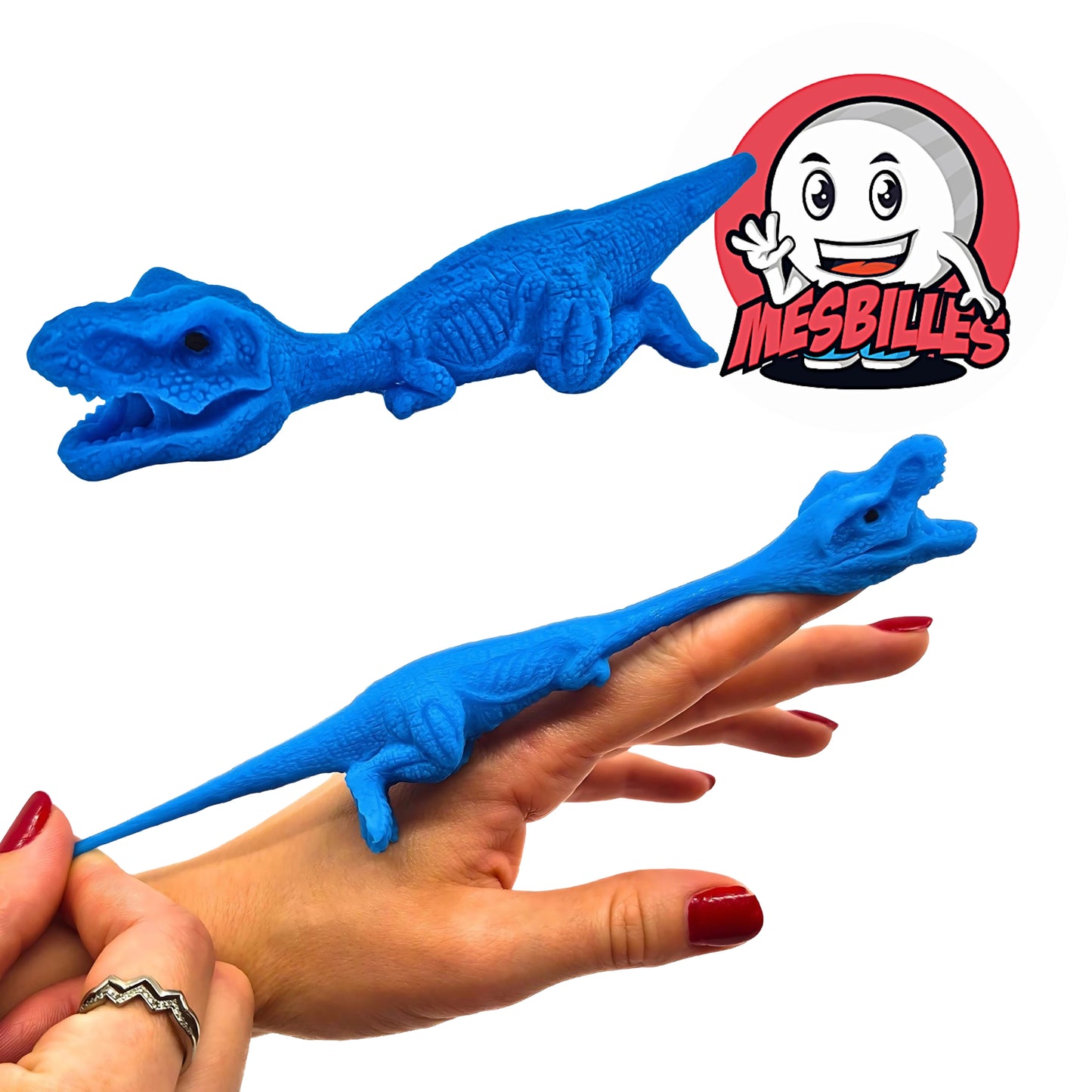 Gros plan sur le T-Rex bleu extensible, jouet interactif à étirer et lancer, inclus avec 52 billes assorties – MesBilles