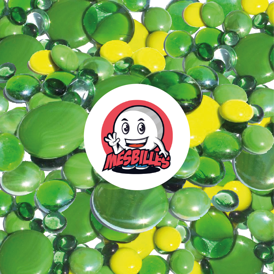 Mascotte MesBilles - Flache Murmeln aus limettengrünem und grünem Glas, transluzent bis glänzend, 12 mm-30 mm