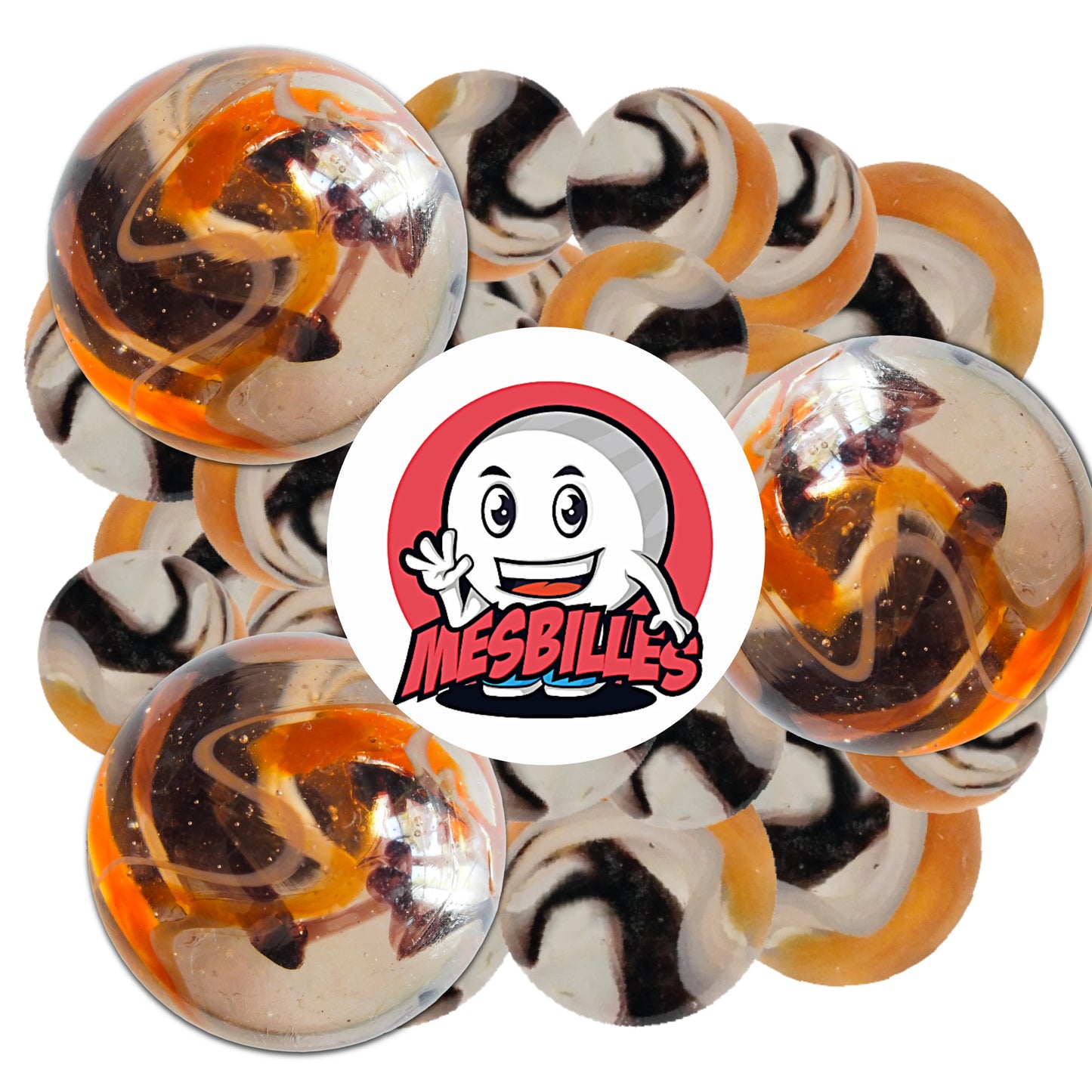 Plusieurs billes Pandi Panda 42 mm aux spirales noires et orange, design unique et lumineux, idéales pour collection ou jeu