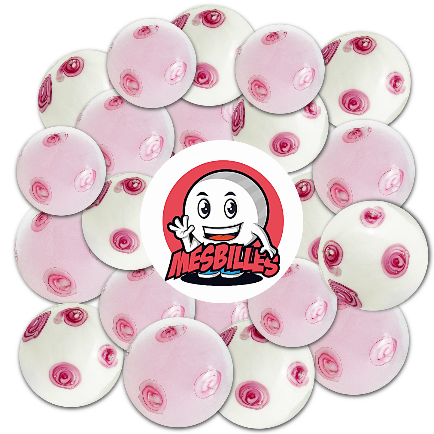 Maskottchen MeineMurmeln auf handgefertigten weißen Murmeln (22 mm) mit zarten rosa Blumen, die die Frische und vergängliche Schönheit des japanischen Frühlings symbolisieren.