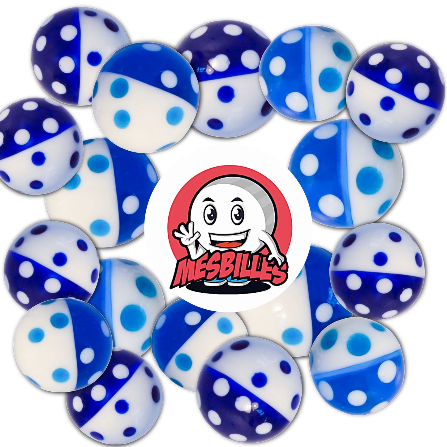 Logo MeineMurmeln auf Kunstmurmel blau und weiß 16 mm, Matrosenmuster mit kleinen Punkten
