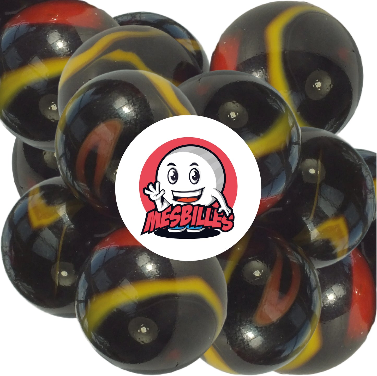 Billes en verre Soleil Brûlant 50 mm – fond noir avec flammes jaunes et rouges, collection MesBilles.