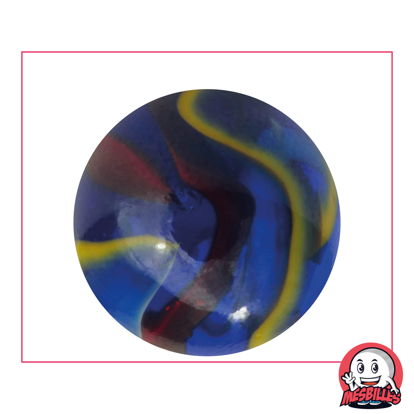 Murmeln Michelangelo 42 mm aus blauem Glas, mit roten, weißen und gelben Streifen – MeineMurmeln