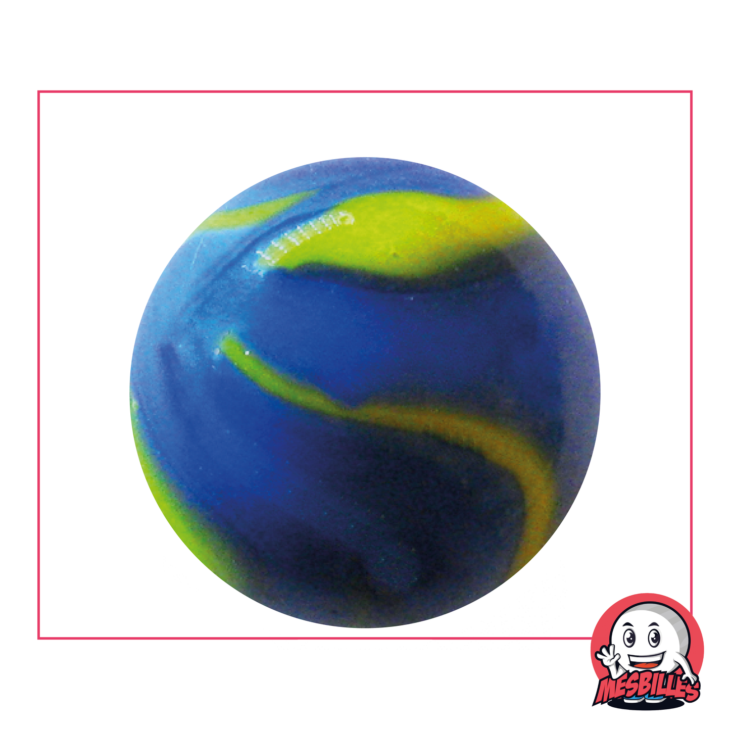 Porzellanmurmel Van Gogh 42 mm mit gelben Farbspuren auf opakem blauem Hintergrund, sehr große Murmel