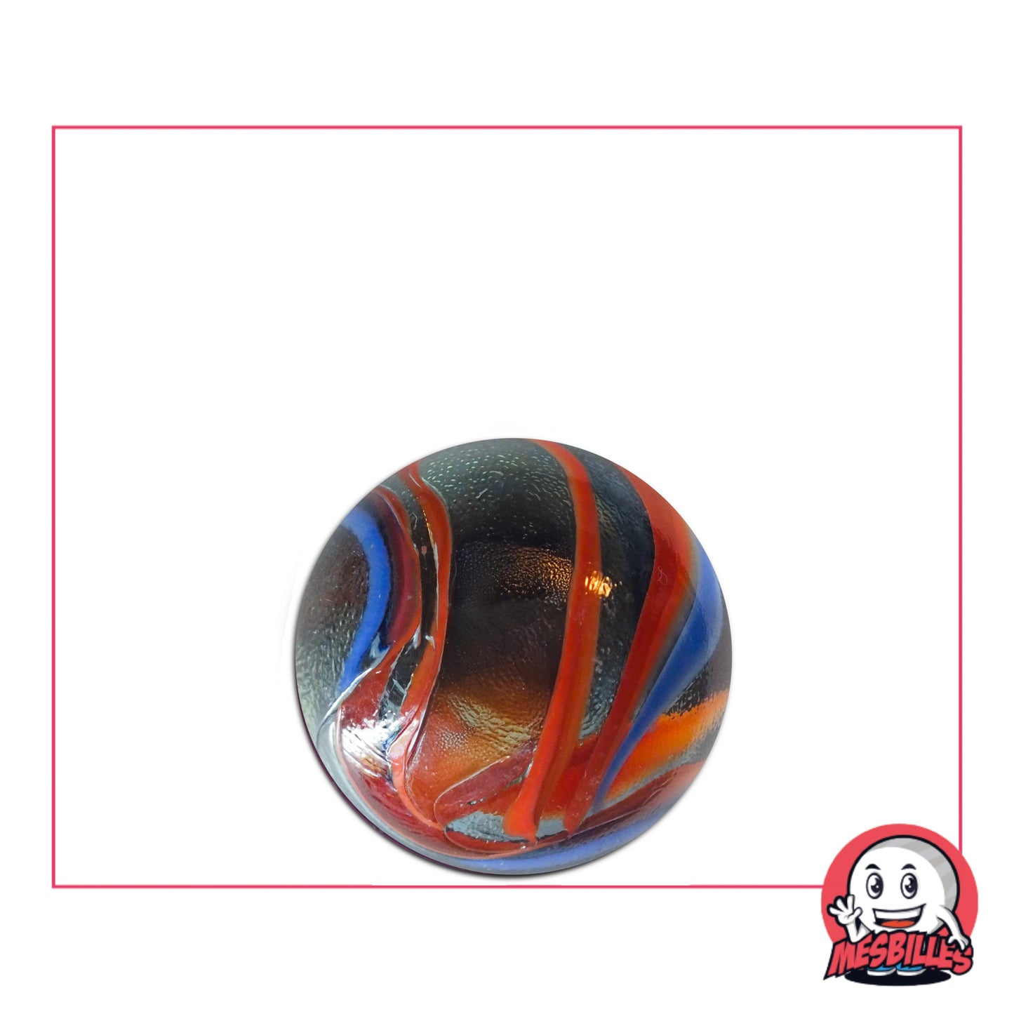 Bille Dragon Céleste 16 mm avec rubans rouge et bleu sur fond sombre, au style mythique, idéale pour collection ou jeu