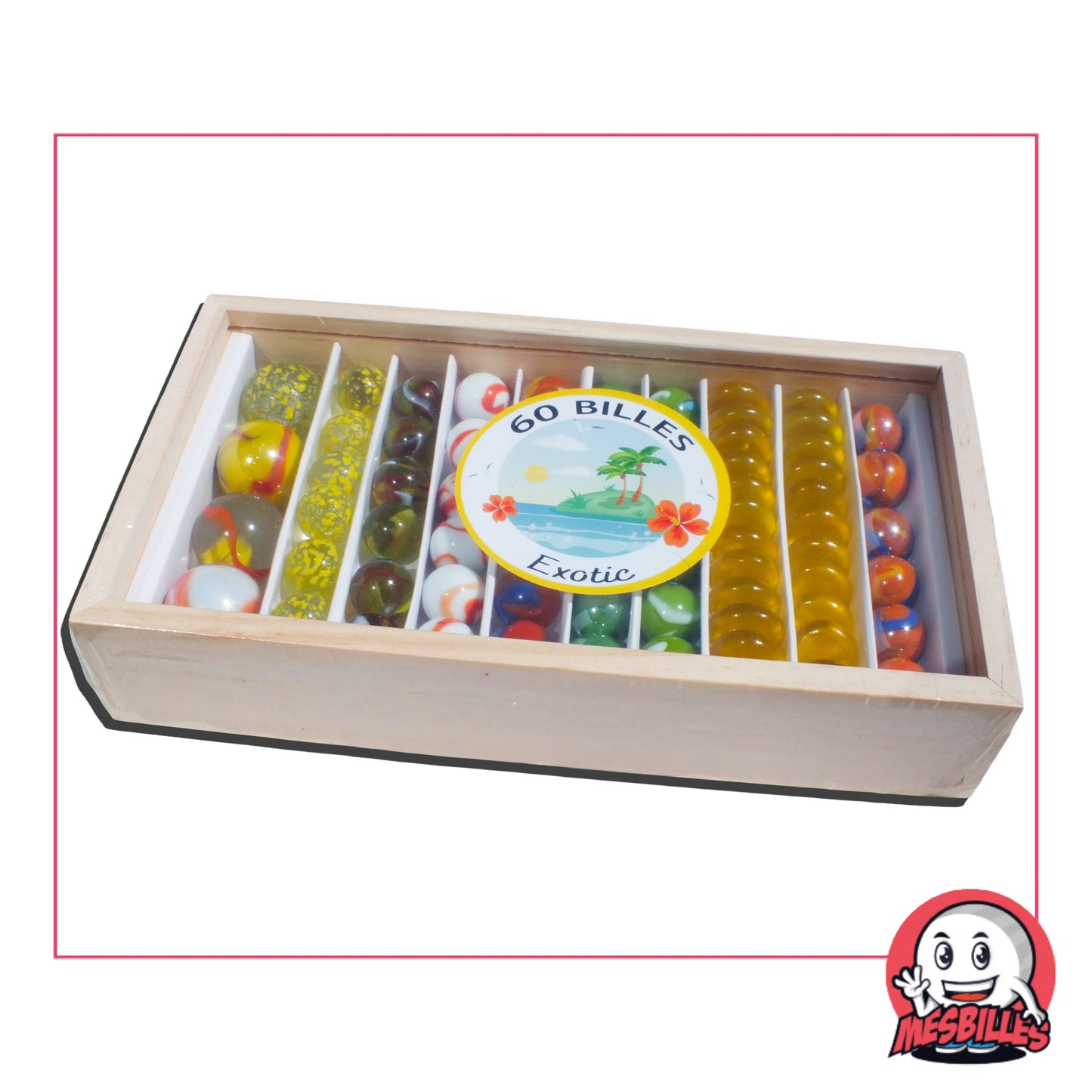 Coffret en bois Kim'Play par MesBilles, réunissant 60 billes au thème Exotic