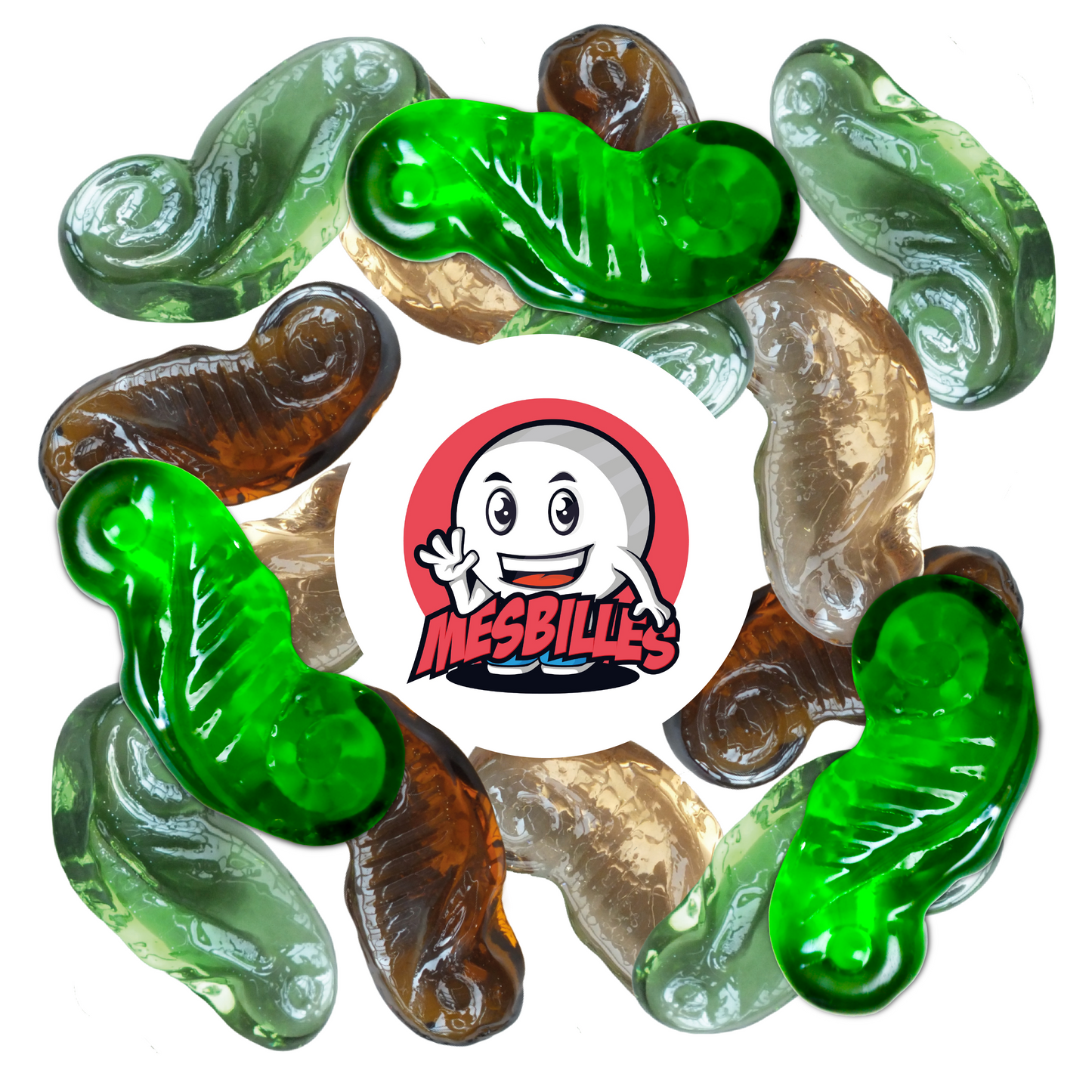 Nahaufnahme mehrerer Murmeln Hippocampe aus Glas in verschiedenen Farbtönen (Grün, Bernstein, Kristall), angeordnet um das Logo von MesBilles.