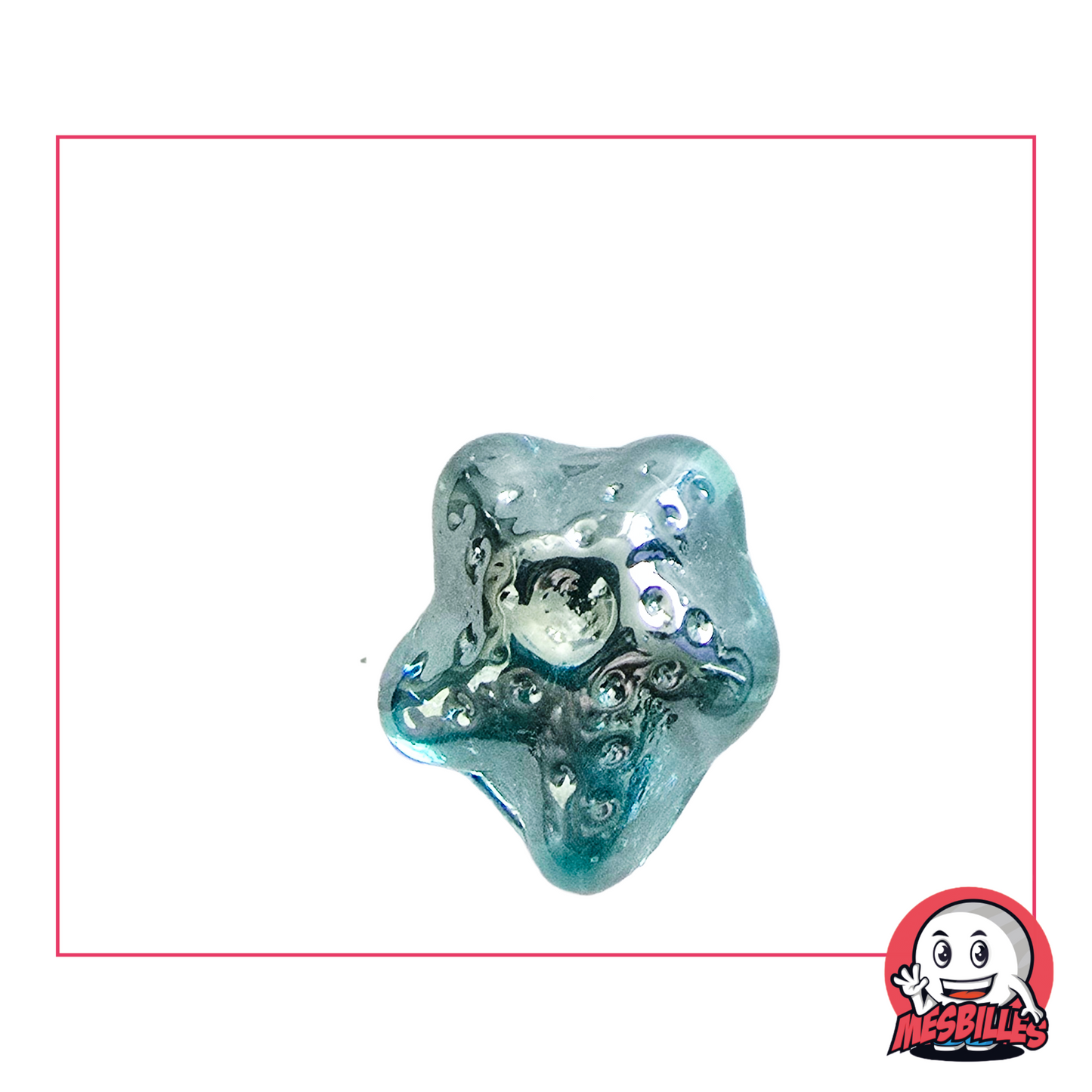 Glasmurmel in Seesternform, transluzent blau mit inneren Blasen und glänzender Oberfläche
