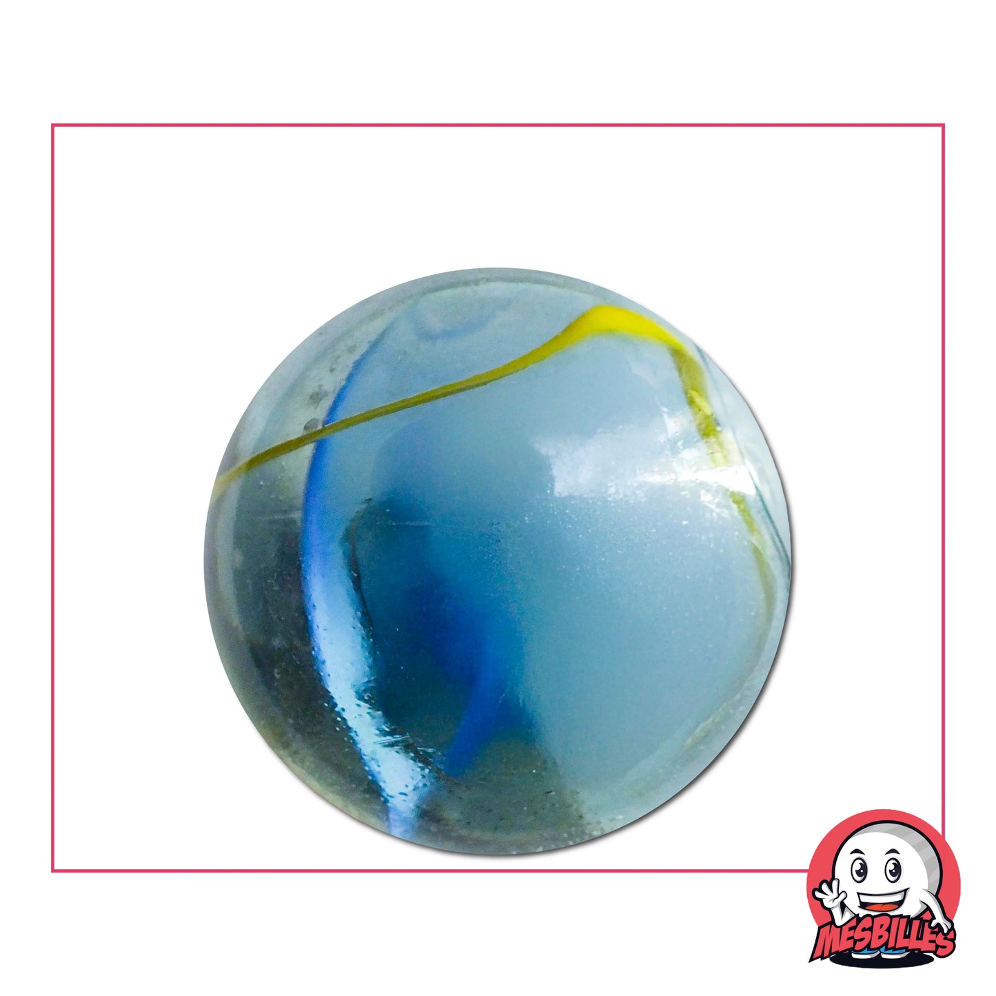Gros plan d’une bille Boréal 35 mm aux nuances bleu, blanc et jaune, évoquant la beauté des aurores polaires, parfaite pour collection ou jeu
