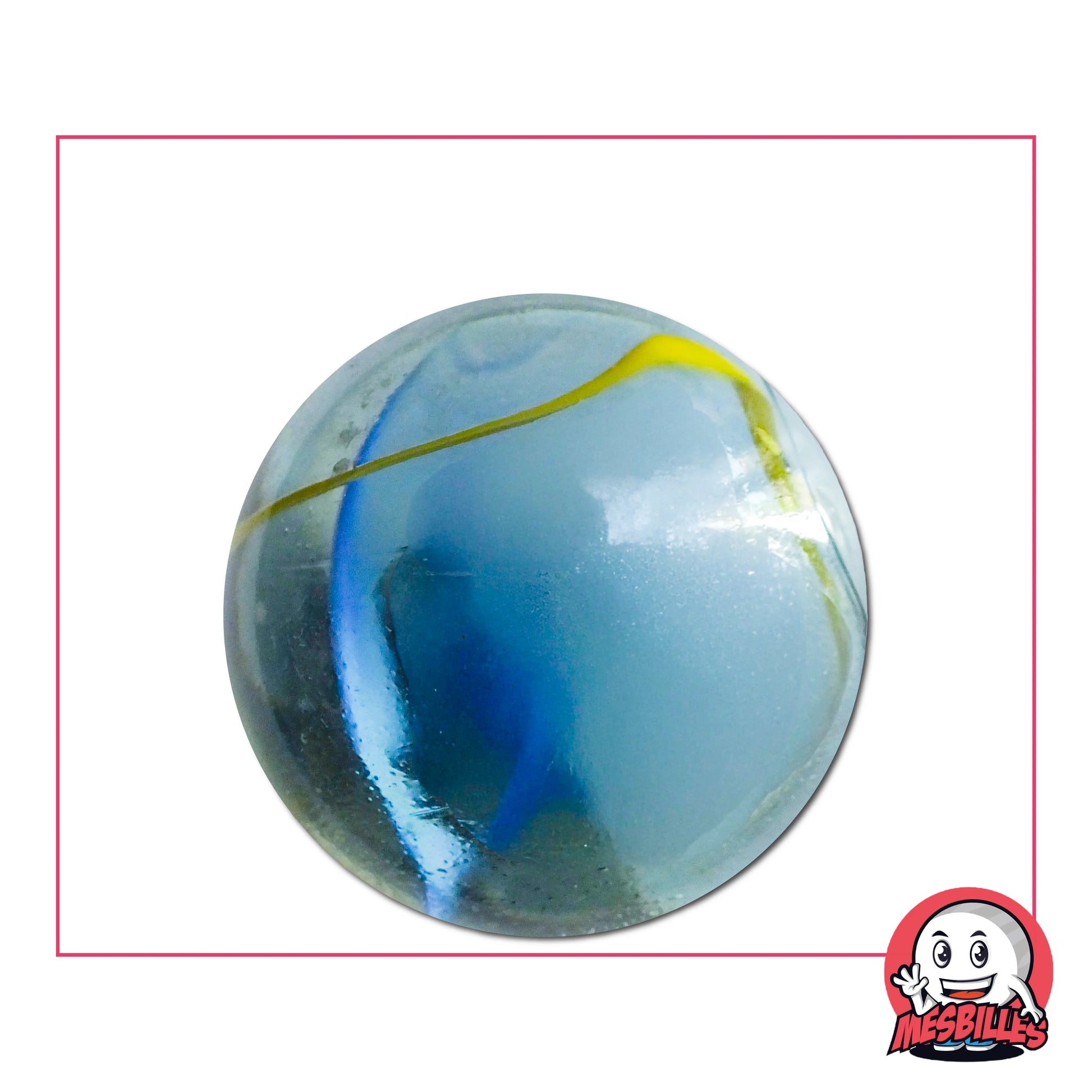 Gros plan d’une bille Boréal 35 mm aux nuances bleu, blanc et jaune, évoquant la beauté des aurores polaires, parfaite pour collection ou jeu