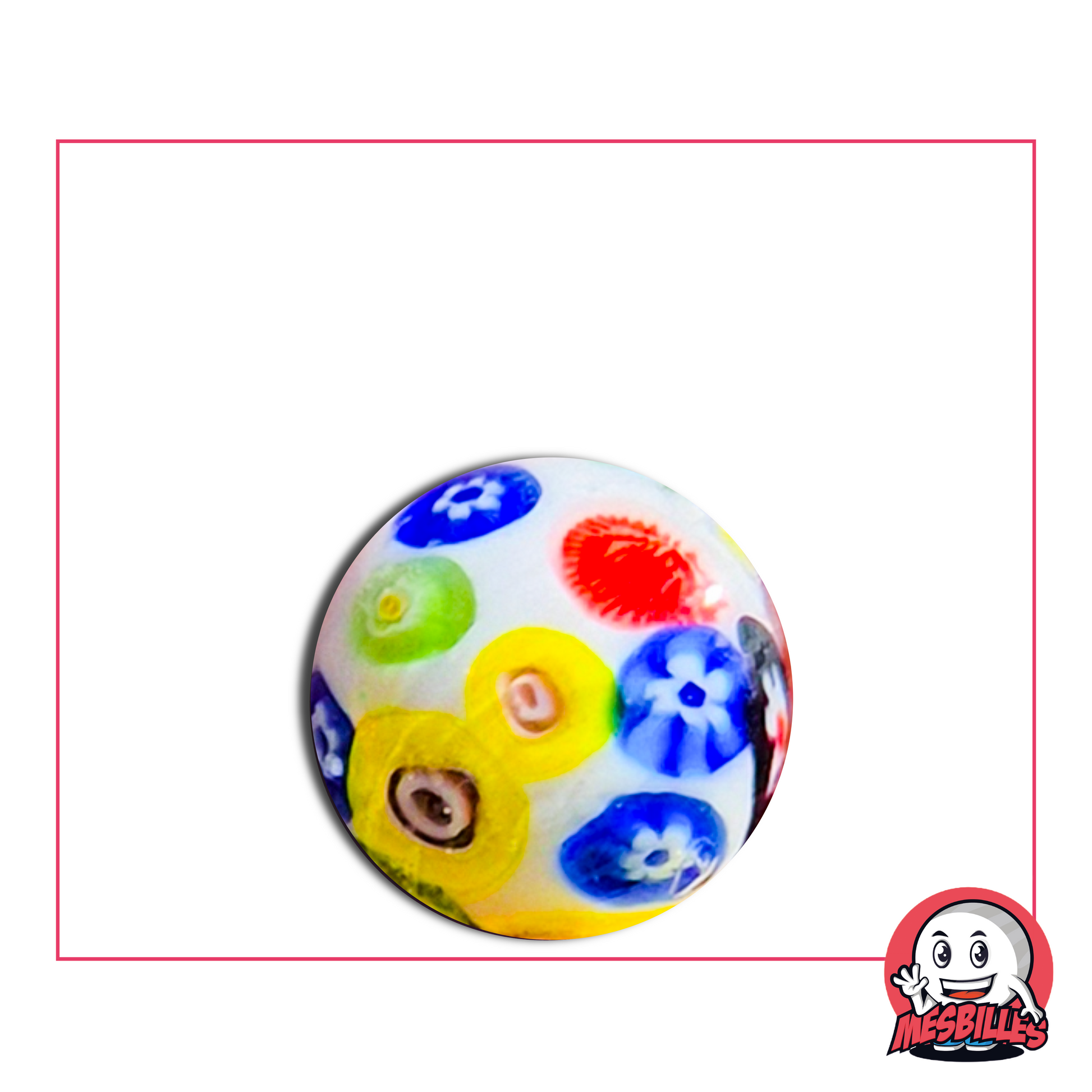 Große weiße Murmel 22 mm mit bunten Blumen im Millefiori-Stil