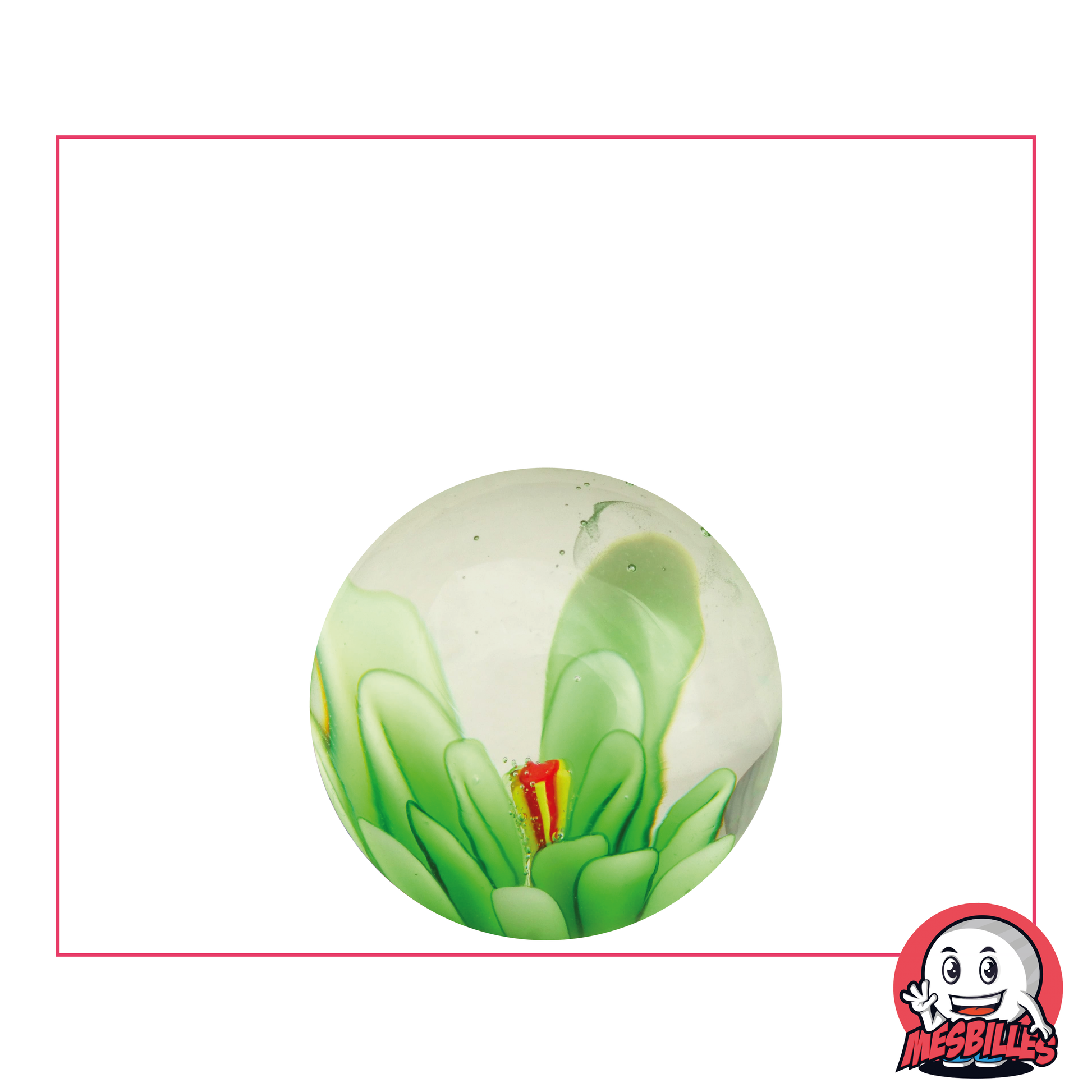 Kunstmurmel Blume 3D Grün 22 mm aus transluzentem Glas mit grüner 3D-Blume in der Mitte – MeineMurmeln