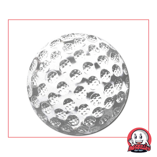 Foto einer runden Murmel aus Kristallglas, 40 mm, mit Reliefstruktur in Golfballoptik, einzeln erhältlich im MesBilles-Shop.