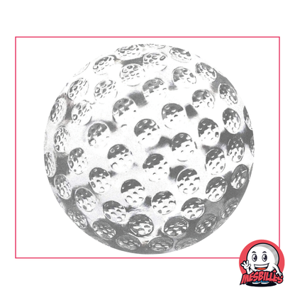 Foto einer 60 mm großen Murmel aus transparentem Glas mit Relief in Golfballoptik, einzeln erhältlich bei MesBilles.
