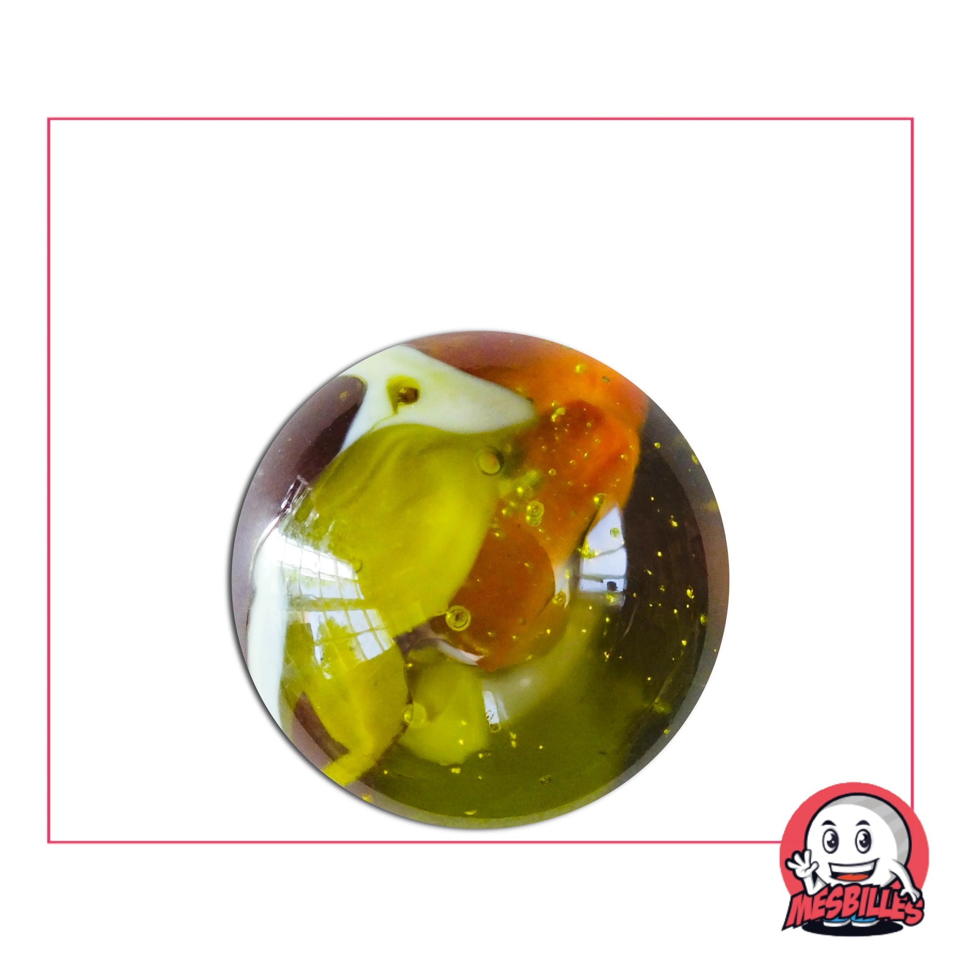 Bille Guépard 25 mm jaune, orange et blanche avec bulles dorées, inspirée de l’élégance et de la vivacité du guépard