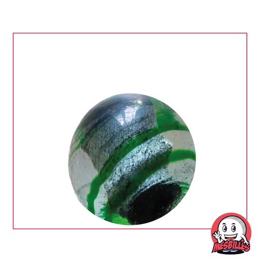 Große Murmel „Drachenauge“ von MesBilles, 25 mm, halbtransparent schwarz und silber mit grünen Streifen