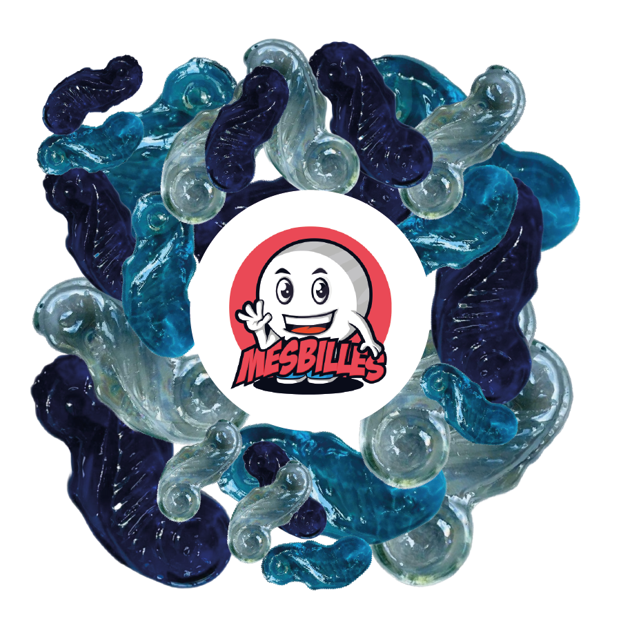 Bild des Maskottchens MeineMurmeln umgeben von Murmeln Hippocampe Blau-Nacht aus Transluzentem Glas - Kollektion Aquatique und Spiel Envoûtant - MeineMurmeln