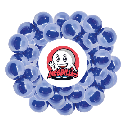 Bild des Maskottchens Meine Murmeln umgeben von Murmeln Glänzend 25 mm - Glas Opak und Glänzend Blaue Perlmutt - Meine Murmeln