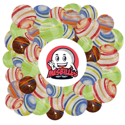 Murmeln Zyklon Gelb und Himmelblau KimPlay aus transluzentem Glas und Murmeln in verschiedenen Farben um das Maskottchen MeineMurmeln
