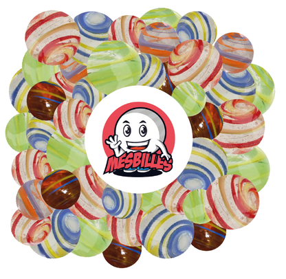 KimPlay-Murmeln Cyclone Orange und Blau aus transluzentem Glas und mehrfarbige Murmeln um das Maskottchen MeineMurmeln