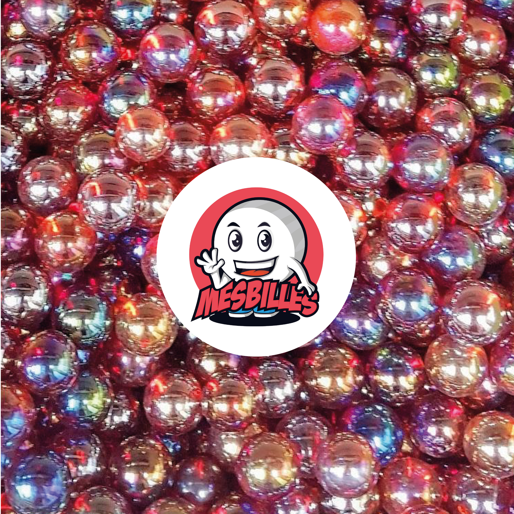 Bild des Maskottchens Meine Murmeln umgeben von Murmeln Irisierend Rot 14 mm Murmel aus durchscheinendem Glas