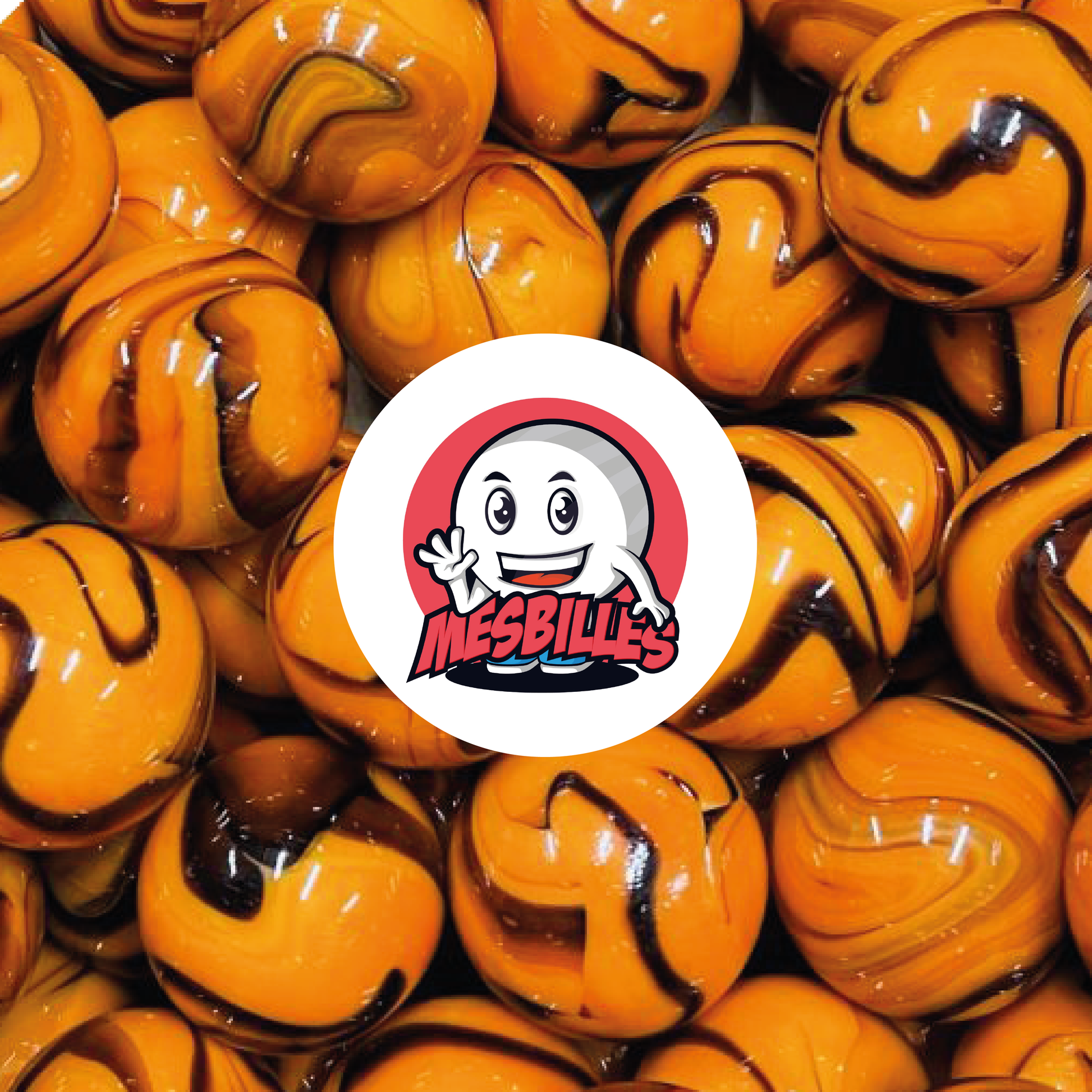 Bild des Maskottchens MeineMurmeln umgeben von Murmeln Jupiter 16 mm orange mit braunen Streifen