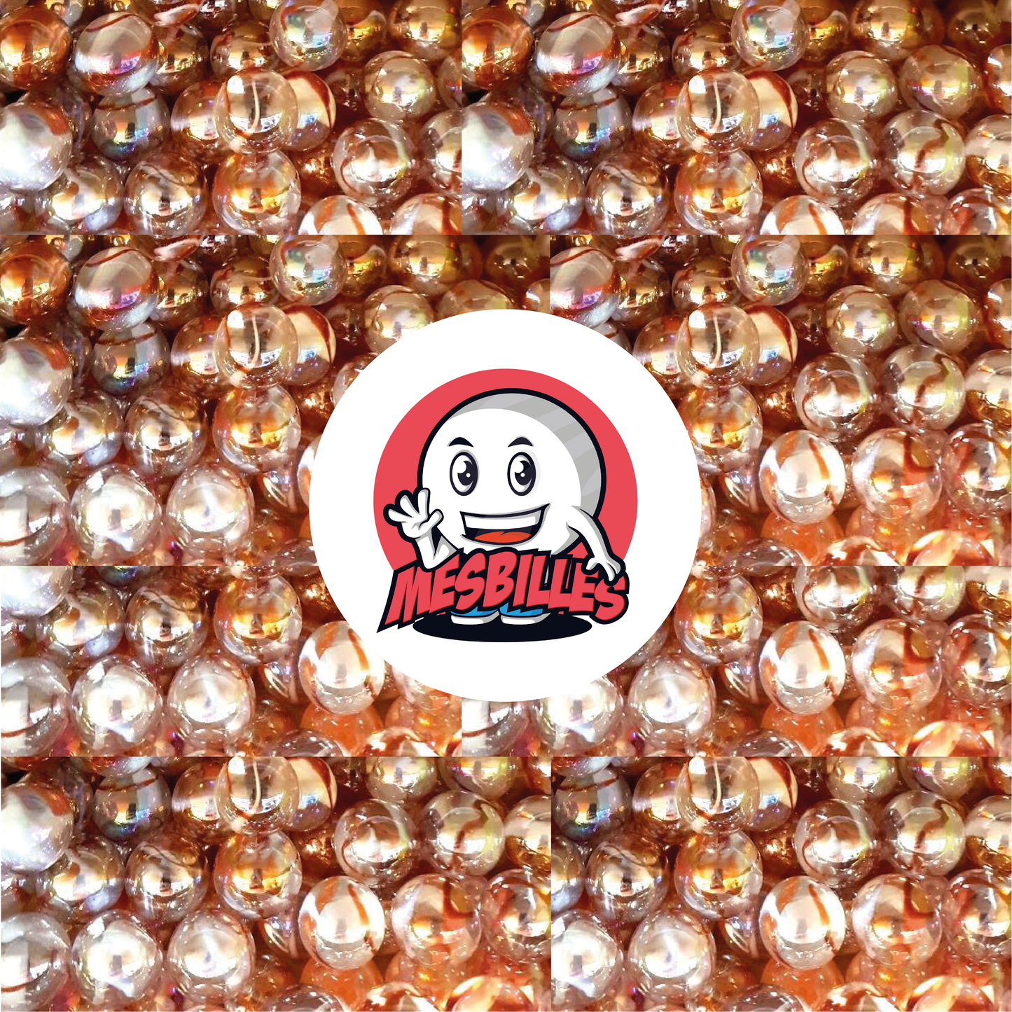 Bild des Maskottchens Meine Murmeln, umgeben von orange-rosa durchscheinenden Murmeln mit orangefarbenen Bernsteinstreifen, Limonaden-Murmeln 35 mm