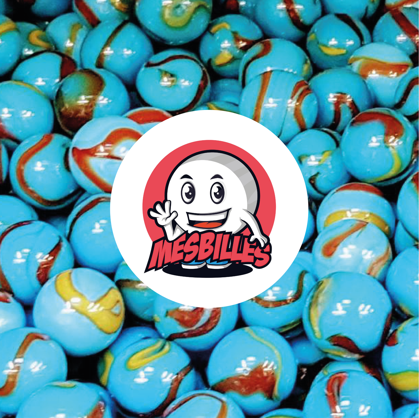 Bild des Maskottchens „MeineMurmeln“ umgeben von Murmeln „Planet Erde“ opak blau mit schwarzen Spuren, 25 mm