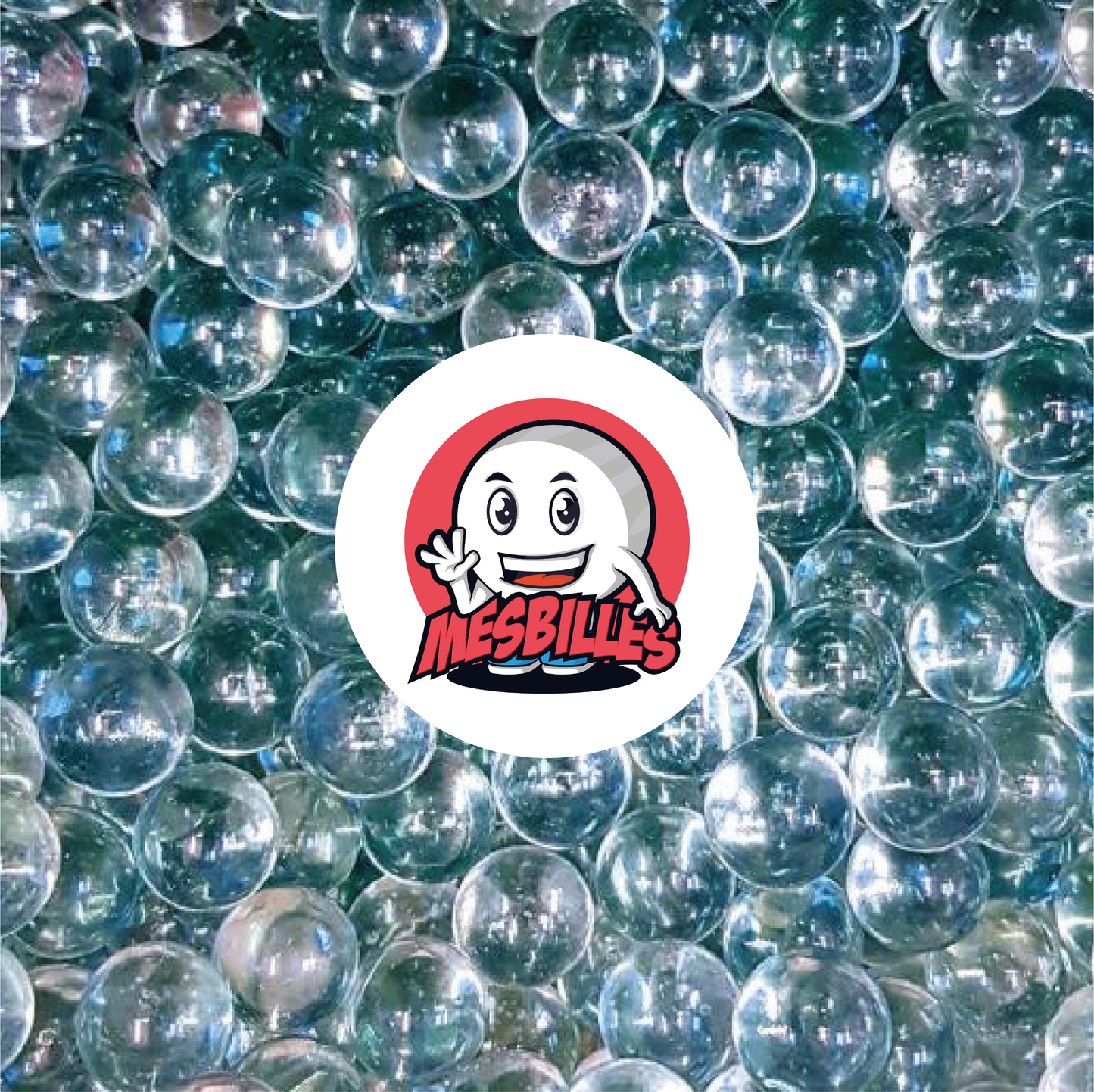 Bild des Maskottchens MeineMurmeln umgeben von Murmeln Licht aus transluzentem Glas in Kristallfarbe - 22 mm - MeineMurmeln