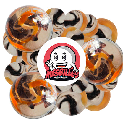 Plusieurs billes Pandi Panda 42 mm aux spirales noires et orange, design unique et lumineux, idéales pour collection ou jeu